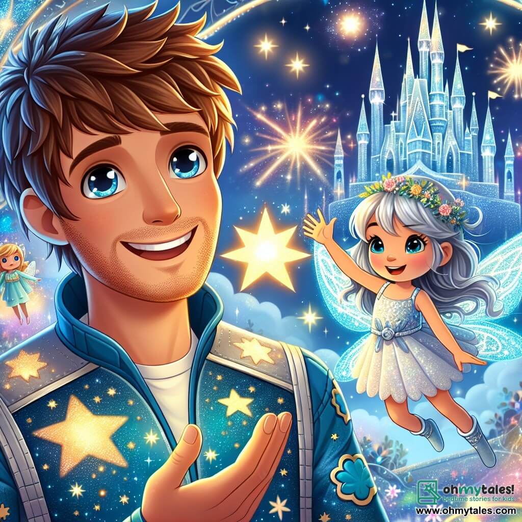 A man named Leo, in his thirties, stands with a big smile on his face, his eyes shining with excitement. He has messy brown hair and is wearing a blue spacesuit adorned with sparkling star patterns. Leo is holding a shining star in his hands, gazing in wonder at the magic around him. Next to him is a small fairy named Luna, about 8 years old, flying with sparkling wings. She has long silver hair and wears a light dress made of flower petals. Luna joyfully smiles, arms raised as if inviting everyone to celebrate. Their environment is the Castle of Stars, a magnificent palace floating in space, made of shimmering light and colorful clouds. Bright stars dance around the castle, creating a fairy-tale and magical atmosphere. The scene depicts Leo and Luna celebrating the magic of stars, surrounded by joyful galactic creatures dancing and singing, while the stars twinkle intensely in the sky, illuminating the landscape with a brilliant glow.
