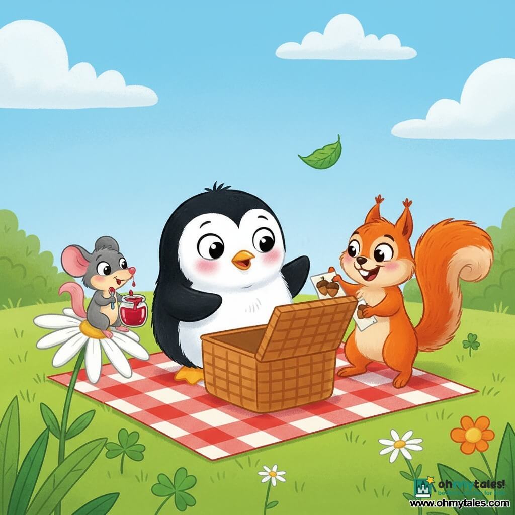 Pico, a small round fluffy black-and-white penguin with a surprised, slightly embarrassed expression, holds an open empty wicker picnic basket and looks inside; Zippy, a bright red squirrel with a bushy tail, stands on one paw to the right, grinning mischievously and waving a small napkin with acorns on it; Mina, a little gray mouse with pink ears and a pointy nose, sits on a large daisy holding a tiny spoon and a jar of sticky red jam; in Bumbleberry Park—a sunny grassy hill dotted with daisies and clover under a pale blue sky with a few fluffy clouds—the friends are gathered on a red-and-white checkered blanket around the empty basket, laughing and preparing an improvised picnic, creating a joyful warm atmosphere.