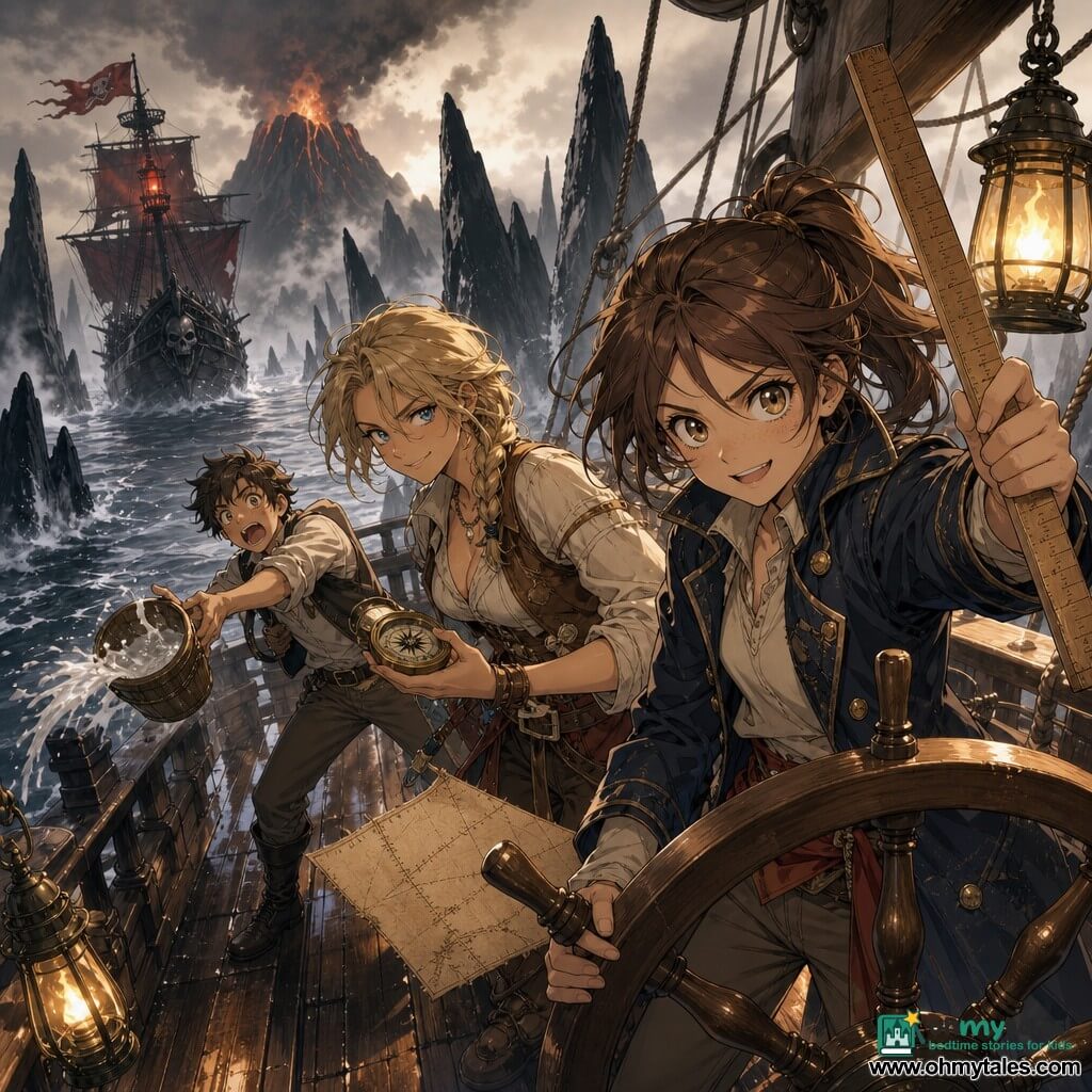 Captain Mara Quill, woman with a determined smiling face, hazel eyes and brown ponytail, wearing a worn dark navy captain's coat and holding a long wooden rule at the helm, confident and focused; Saff, a ~28-year-old female navigator with a loose blond braid and a mischievous look, holding a stitched map and compass beside Mara, leaning toward the sea; Jory, a ~14-year-old boy, smaller with tousled hair and an amazed, enthusiastic expression, mid-deck throwing a bucket of whitish liquid (oil+chalk) forward; background: the enemy brigantine “Red Lantern” as a menacing silhouette—large dark ship with a skull figurehead and red pennant aft-left; setting: the varnished wooden deck of the sloop “The Swift Moth” with ropes and hanging oil lanterns, a silver sea dotted with sharp black rock pillars and a creamy white fog wall; main situation: tense approach to a volcanic island as Mara guides the ship through a narrow passage between black rock teeth, warm lantern light cutting the fog, water splashing, dynamic adventurous atmosphere.