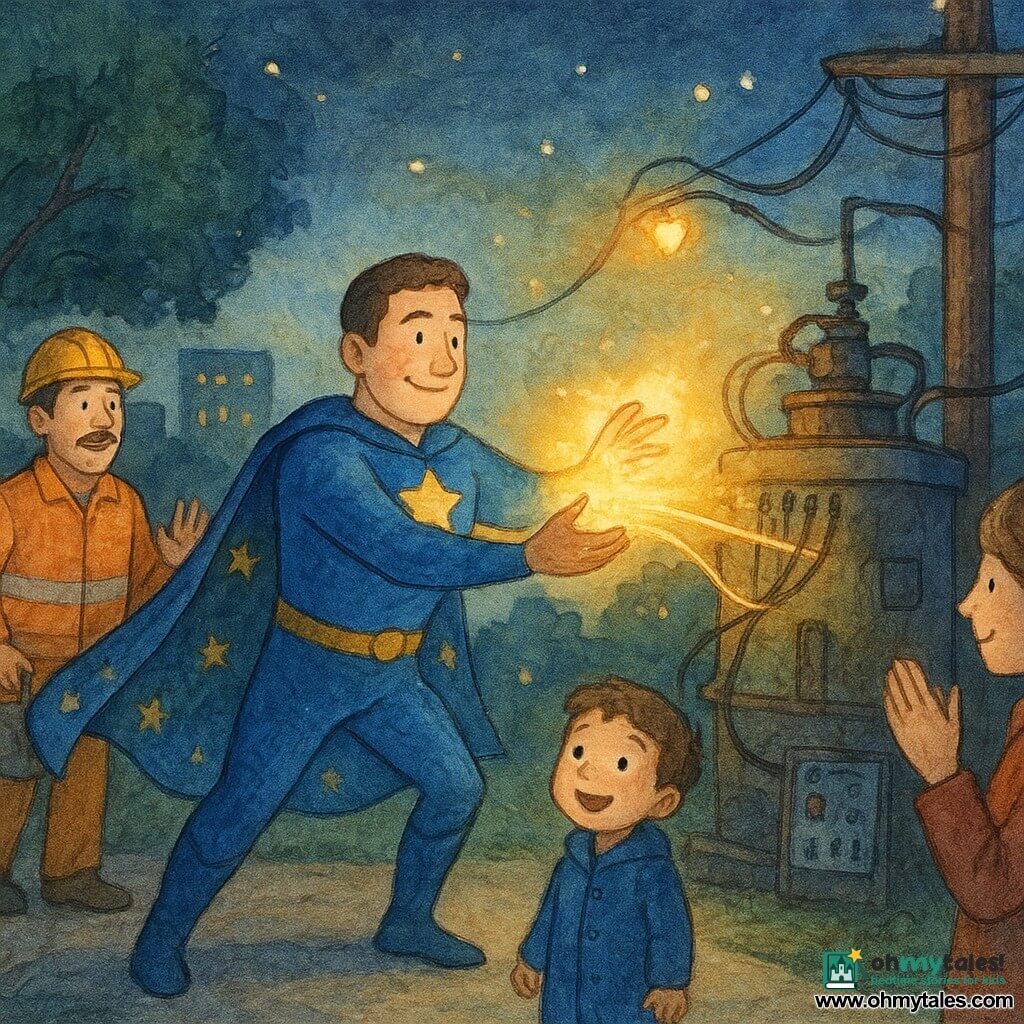 A smiling, focused round-faced superhero with kind eyes in a shiny blue costume and starry cape, short brown hair, sends a warm golden beam from his hands to magically mend broken electrical wires at a rusty park substation at night; a relieved ~40-year-old male worker in a yellow helmet and orange suit holds a toolbox left of the hero, a ~30-year-old female worker with tied-back hair and a lit headlamp gently applauds by an open control panel to the right, a mother holds her ~8-year-old son in a blue coat watching from the sidewalk, a small red squirrel clutches an acorn on a low branch nearby, minimal sparks and floating firefly-drones surround them while the city lights begin to glow; granular watercolor style, soft yet contrasting colors (midnight blue, warm gold, orange), delicate lines and visible paper texture.