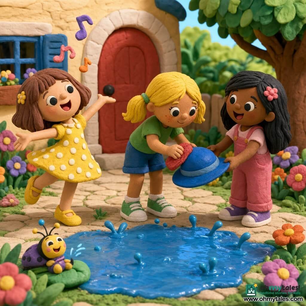 Three girls, about five years old: Mia (short brown bob, black round eyes like modeling clay, yellow polka-dot dress) stands left on tiptoe singing and twirling her arms; Zoe (blonde pigtails, orange freckles, green T‑shirt and blue shorts) is center, leaning forward wiping a blue hat with a small red towel; Ava (long black hair, big smile, pink overalls) is right, holding the hat with both hands and gently pulling to share it. They are in a sunny courtyard with light paving, a large shiny puddle in the center, frayed green grass, a few stylized flowers and a house with a red door in the background; soft shadows and visible pressed-clay textures. A big blue pompom hat falls into the puddle, water splashing in round shiny droplets; the three girls laugh, reach out to dry and share the hat, and a small smiling insect on the puddle’s edge tickles them. The scene is colorful, with rounded shapes, modeled textures and exaggerated joyful expressions.