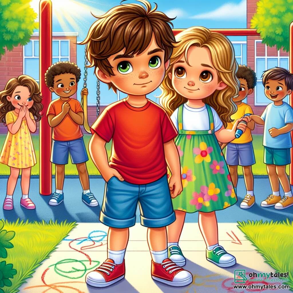 A 6-year-old boy named Tommy, with messy brown hair and sparkling determined eyes, stands in the center of the image. He wears a bright red t-shirt and blue shorts, displaying an expression of courage and compassion on his face. Next to him, a 6-year-old girl, Lily, has curly golden hair and wears a colorful floral dress. She stands slightly back, her eyes shining with gratitude and a shy smile on her lips. The setting is a sunny schoolyard with swings and a sandbox in the background. Green trees line the area, and colorful drawings are visible on the ground. The main situation shows Tommy approaching Lily, ready to defend her against children mocking her in the distance. The atmosphere is tense yet hopeful as Tommy shows his determination to be a good friend and stand up against bullying.