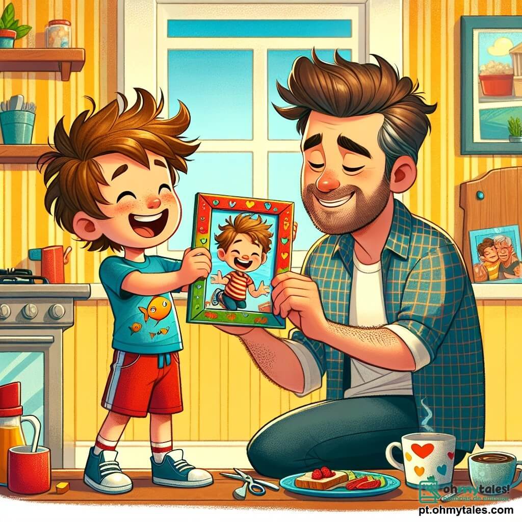Um menino de 8 anos, com cabelo castanho bagunçado e um grande sorriso, está estendendo um porta-retratos colorido para seu pai. Ele usa uma camiseta azul com um desenho de peixe e um short vermelho. Seu rosto expressa grande excitação e orgulho. Ao lado dele, seu pai, um homem na casa dos trinta anos com cabelo castanho e uma leve barba, observa o porta-retratos com admiração. Ele veste uma camisa xadrez e uma calça jeans, e está agachado, pronto para abraçar seu filho em agradecimento. A cena ocorre em uma cozinha ensolarada, com paredes amarelas e janelas abertas que deixam entrar a luz da manhã. Na mesa, há um café da manhã cuidadosamente preparado, com pratos coloridos e xícaras de café. A situação principal mostra o momento tocante em que o menino oferece seu presente feito à mão ao pai, ilustrando o amor e a cumplicidade entre eles durante o Dia dos Pais.