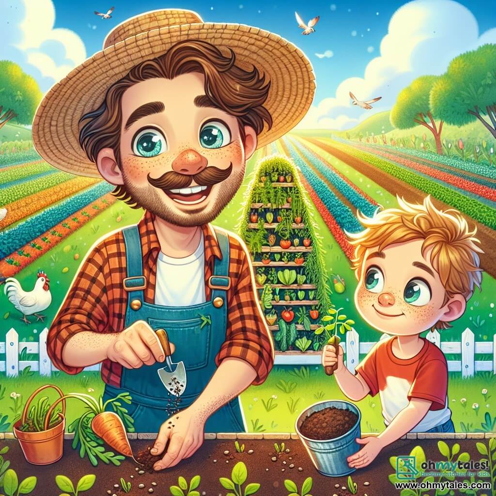 A man named Farmer Beniel, smiling and cheerful, wears a large straw hat and a plaid shirt. He has slightly tousled brown hair and sparkling curious eyes. He is planting seeds in a vertical garden, surrounded by colorful pots, with an excited expression on his face. Next to him, Leo, an 8-year-old boy with freckles and messy blonde hair, watches attentively. He wears a red t-shirt and denim shorts, holding a small pot of soil in his hands, ready to help Farmer Beniel. The setting is a brightly lit farm, with lush green fields stretching as far as the eye can see. Rows of colorful vegetables, chickens pecking at the ground, and a blue sky dotted with white clouds create a joyful and vibrant atmosphere. The main scene shows Farmer Beniel and Leo working together to plant seeds in a vertical garden, symbolizing learning and discovering new farming methods. The two characters share a moment of companionship and joy, surrounded by the beauty of nature.