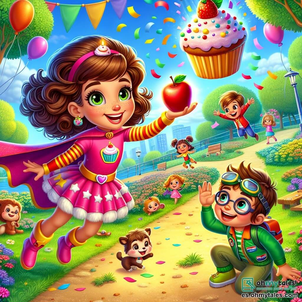 Valentina, una niña con cabello rizado y brillante de color castaño, lleva un traje de superhéroe colorido con una capa rosa y un símbolo de cupcake en el pecho. Tiene una gran sonrisa en su rostro, mostrando su alegría y entusiasmo, mientras toca una manzana que se transforma en un enorme pastel, rodeada de colores y confeti. Junto a ella, Max, un niño de unos 10 años con gafas de piloto y cabello desordenado, vuela en el aire riendo mientras intenta atrapar el pastel que se eleva. Leo, otro niño de 9 años con cabello rubio y ropa verde, está en el suelo, rodeado de pequeños animales que lo escuchan atentamente, listo para pedir ayuda. La escena ocurre en un parque soleado de Risaville, lleno de flores coloridas, árboles verdes y niños jugando a lo lejos. Globos flotan en el cielo azul, añadiendo un toque festivo a la atmósfera. La situación principal muestra a Valentina transformando una manzana en un pastel gigante, provocando un momento de caos alegre mientras el pastel comienza a rodar y volar, generando risas y sonrisas a su alrededor.
