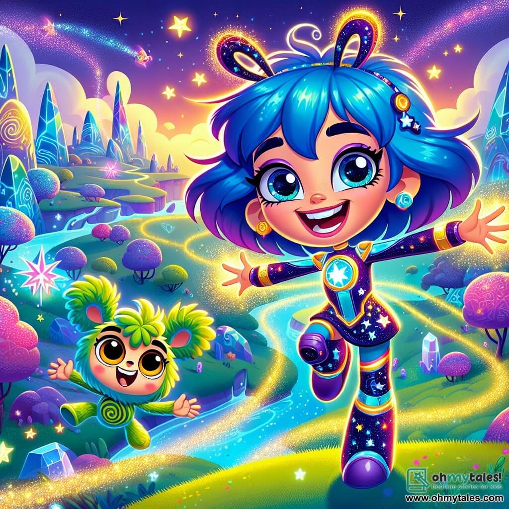Zara, a young woman with bright blue hair, joyfully floats in the air, a big smile lighting up her face. She wears a sparkling spacesuit adorned with stars and galactic patterns, and her eyes shine with excitement as she casts magical light bursts at the pirate ships. Beside her, Pippin, a small being with large ears and round eyes, dances energetically. He has fluffy green fur and a spiral-shaped tail, ready to cast a spell with his sparkling wand, hovering slightly above the ground. In the background, the landscape of Wonder Planet stretches out, with shimmering crystal hills and colorful light rivers winding through multicolored leaf trees. The sky is filled with cottony clouds resembling cotton candy, creating a magical atmosphere. The scene depicts the moment when Zara and Pippin join forces to defend the planet against the Shadow Raiders, casting brilliant spells in a joyful and colorful battle full of energy and adventure.