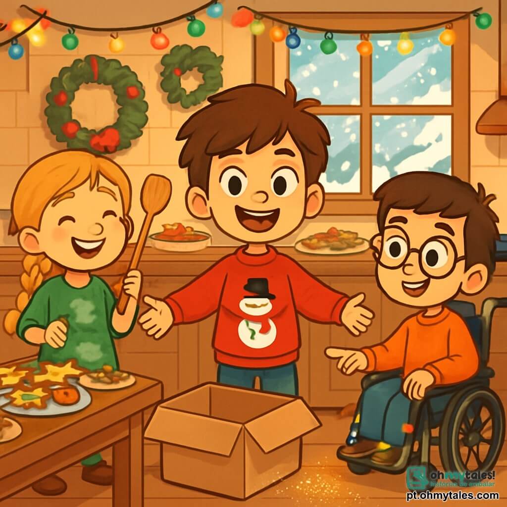 Há 3 personagens: - Lucas: um menino de 8 anos, com cabelo castanho bagunçado e olhos brilhantes de curiosidade. Ele usa um suéter vermelho com um boneco de neve e está no centro, com os braços abertos, como se estivesse pronto para uma aventura. - Clara: uma menina de 7 anos, com longos cabelos loiros trançados e um sorriso radiante. Ela veste um vestido verde com padrões de árvores de Natal e está à esquerda de Lucas, segurando uma espátula de madeira, pronta para fazer biscoitos. - Miguel: um menino de 9 anos, com cabelo castanho e óculos redondos. Ele está em uma cadeira de rodas decorada com luzes pisca-pisca, à direita de Lucas, apontando para um rastro de purpurina brilhante no chão. O cenário é uma aconchegante cozinha de casa, decorada para o Natal. Luzes coloridas adornam as paredes, e uma grande mesa de madeira está cheia de pratos de biscoitos natalinos, frutas e decorações festivas. Uma grande janela deixa entrar a suave luz da manhã, iluminando os flocos de neve que caem do lado de fora. A cena principal mostra as três crianças se preparando para pegar o Lutin Farceur. Elas estão animadas e concentradas, com olhos brilhantes de expectativa, enquanto uma caixa de papelão está no centro da cozinha, pronta para ser usada como armadilha. Fragmentos de purpurina brilham no chão, testemunhando a passagem do duende, acrescentando um toque de magia a esta cena festiva.
