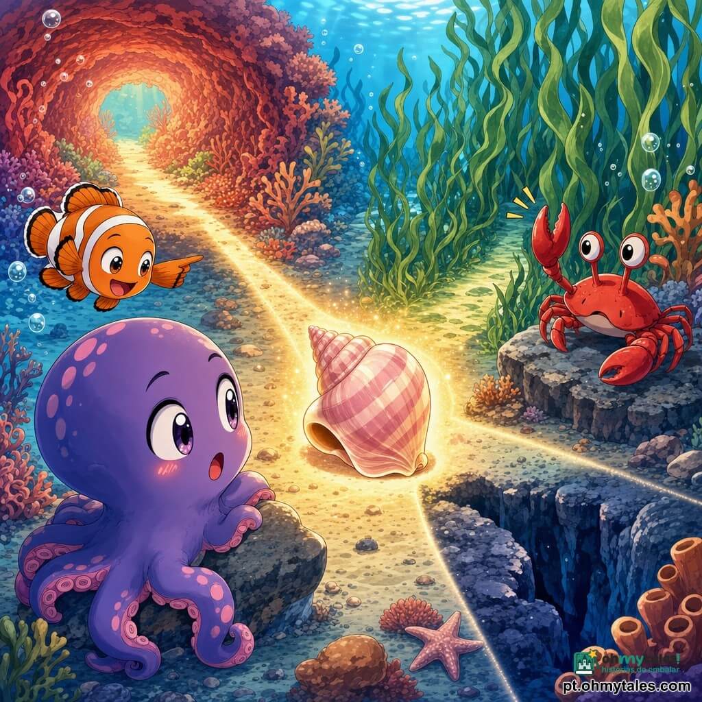Nino, um pequeno polvo redondo e fofo de pele violeta com tons rosados, observa uma concha listrada mel e rosa que brilha com luz quente e libera bolhas; um peixe-palhaço laranja e branco nada em círculos à sua esquerda apontando com a nadadeira, um caranguejo de carapaça vermelha vigia à direita levantando a pinça, e ao fundo um leito arenoso, cavidades rochosas, um túnel de coral vermelho‑alaranjado e um campo de algas verdes; diante da concha abrem-se três caminhos — o túnel de coral luminoso, o campo de algas ondulantes e uma fenda escura entre rochas — luz suave, cores saturadas, atmosfera mágica e segura.