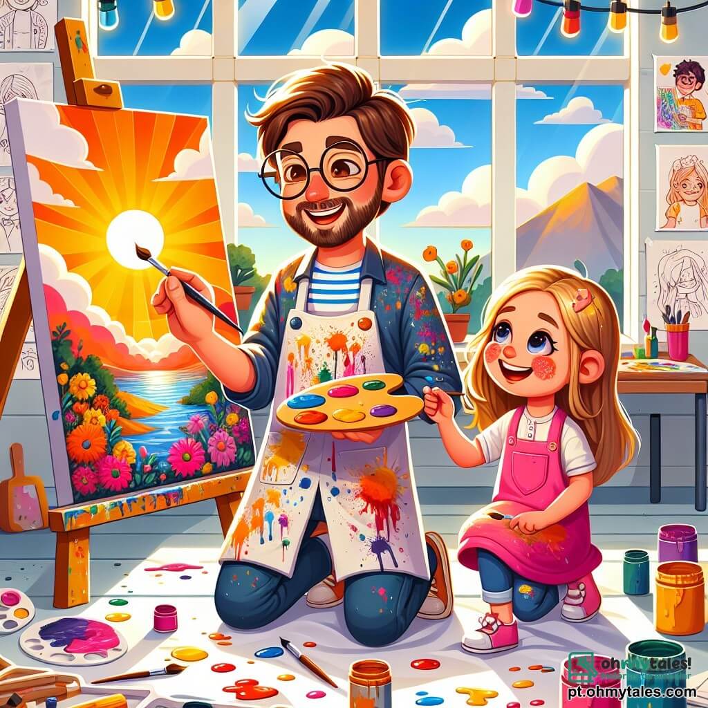 Um homem, Miguel, está no centro da imagem, com cabelos castanhos e óculos redondos. Ele usa um avental de pintor colorido, cheio de manchas de tinta, e exibe um grande sorriso de alegria e criatividade. Ele está pintando um lindo pôr do sol em uma tela, usando cores vibrantes como vermelho, laranja e amarelo. Ao seu lado, uma menina chamada Sofia, com cerca de 8 anos, tem cabelos loiros e olhos brilhantes. Ela usa um vestido rosa e segura um pincel na mão, pintando uma grande flor colorida em uma tela menor, com um ar concentrado e feliz. O local é um ateliê iluminado, cheio de telas brancas, potes de tinta vibrantes e pincéis espalhados. Grandes janelas deixam entrar a luz do sol, iluminando as paredes cobertas de desenhos e esboços. A cena principal mostra Miguel e Sofia, imersos em sua atividade artística, compartilhando risadas e conselhos, cercados por uma explosão de cores e criatividade, ilustrando a magia da arte e da amizade.
