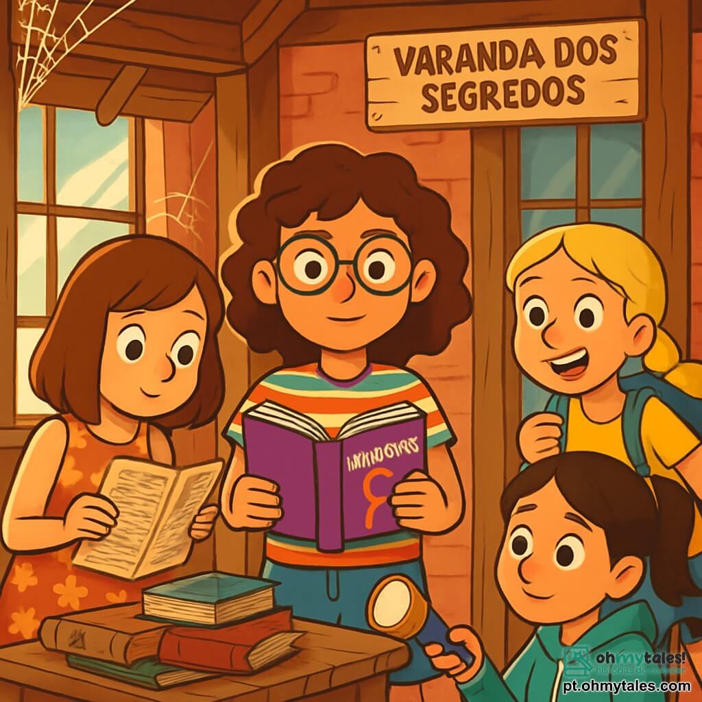 Há 4 crianças: - Clara: uma menina de 12 anos com cabelos cacheados castanhos, usando óculos redondos e uma camiseta listrada colorida. Ela segura um livro de mistérios nas mãos e está no centro, com uma expressão determinada. - Sofia: uma menina de 12 anos com cabelos loiros trançados, vestindo um short jeans e uma camiseta amarela vibrante. Ela está um pouco à frente, sorrindo e pronta para a aventura. - Júlia: uma menina de 12 anos com cabelos lisos castanhos, usando um vestido florido e tênis. Ela está à esquerda de Clara, examinando um velho jornal com curiosidade. - Teresa: uma menina de 12 anos com cabelos pretos presos em um rabo de cavalo, sentada em uma cadeira de rodas, usando um moletom azul. Ela está à direita de Clara, segurando uma lanterna e observando atentamente o grupo. O local da cena principal é um velho alpendre de madeira, com paredes de tijolos vermelhos e janelas empoeiradas. Teias de aranha pendem nos cantos, e livros antigos estão espalhados sobre uma mesa de madeira desgastada. A luz do sol filtra pelas janelas, criando uma atmosfera misteriosa e intrigante. A cena principal da história mostra os quatro amigos descobrindo um velho jornal no Pórtico dos Segredos, com expressões de empolgação e curiosidade em seus rostos, prontos para desvendar o mistério que os cerca.
