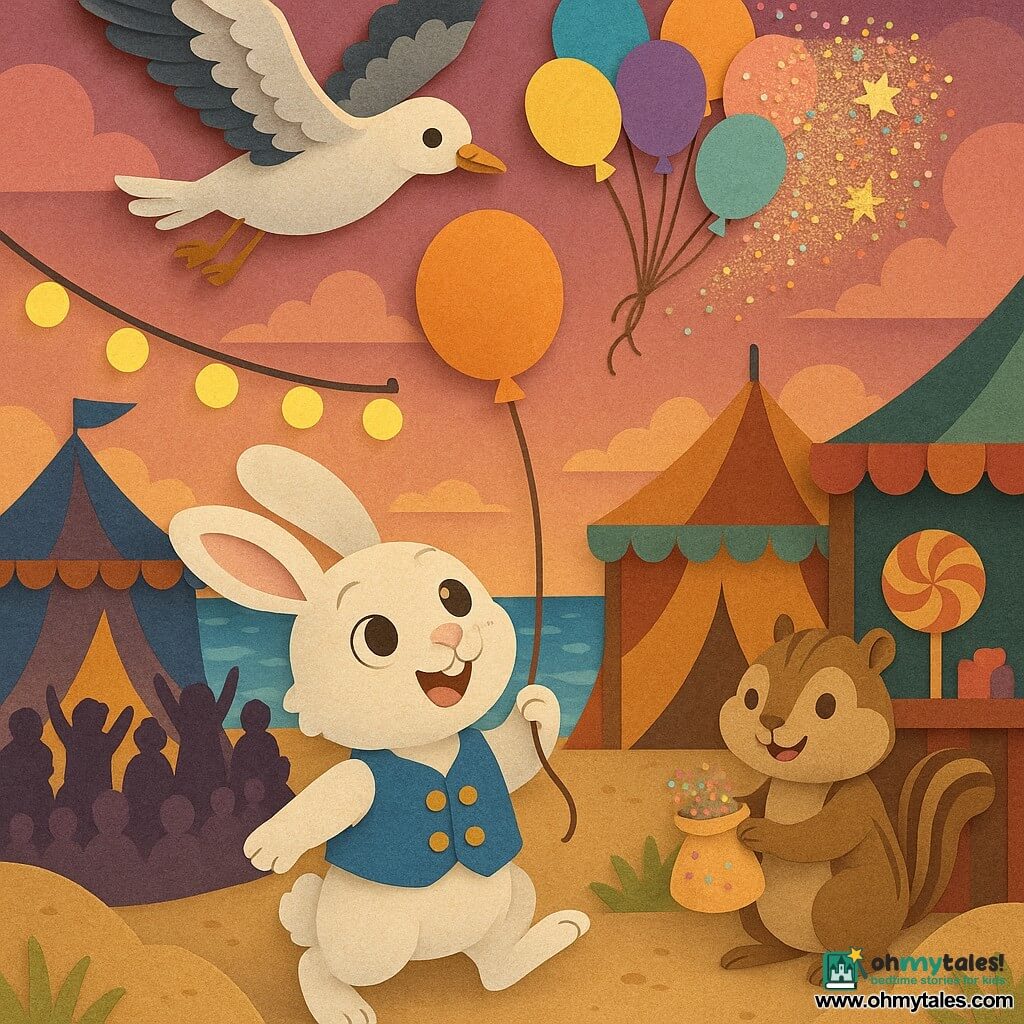 Main character: a small fluffy white anthropomorphic rabbit with round mischievous eyes, wearing a small blue vest with gold buttons, joyfully holding a balloon string and looking up; secondary: a gray-and-white anthropomorphic seagull with spread wings and a proud focused expression flying above as several colorful balloons rise and burst into confetti and glitter; secondary: a brown striped chipmunk smiling beside the rabbit at a candy stall, holding a pouch of sparkling confetti; setting: a seaside village beach at dusk with paper-cut carnival tents, garlands and lanterns, sand dunes, a gleaming ocean and a pink-orange sky; scene: multicolored balloons ascend and explode into confetti over an amazed crowd in a warm, festive atmosphere.