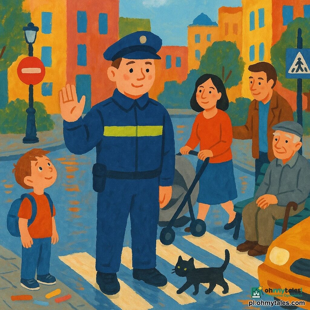 Uśmiechnięty, lecz skupiony policjant o jasnej karnacji i krótkich brązowych włosach w granatowym mundurze z odblaskową taśmą powstrzymuje ruchem otwartej dłoni ruch na skrzyżowaniu, pozwalając małemu czarnemu kotu przejść po przejściu; po lewej stoi z zachwytem chłopiec (ok. 7 lat) z niebieskim plecakiem i kredami, na ławce blisko chodnika siedzi około 70-letni mężczyzna w szarych ubraniach z laską obok, obok ławki stoi około 40-letni mężczyzna w brązowej kurtce rozmawiający z seniorem, a zatrzymana trochę przed policjantem kobieta (ok. 30 lat) prowadzi szare wózek dziecięcy i patrzy z wdzięcznością; w tle tętniące życie miejskiego skrzyżowania z kolorowymi budynkami, latarniami, znakami, mokrą jezdnią odbijającą światła, brukowanymi chodnikami i drzewami.