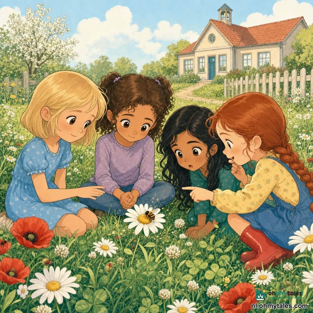 Er zijn vier meisjes: Noor (8) met bruin krullend haar in twee staartjes, bruine ogen, zittend in het midden op het gras met gevouwen handen, beschermend kijkend naar het bijtje op de bloem; Evi (8) met kort blond haar en een blauwe jurk, links van Noor zittend, voorzichtig hand uitstrekkend zonder de bloem te raken, zachte glimlach; Samira (9) met een getinte huid en los zwart lang haar, rechts van Noor zittend, voorover gebogen en met grote ogen het vliegen van de bij observerend; Lotte (8) met rood haar in een vlecht en rode laarzen, knielend voor Noor, dicht bij de margriet en fluisterend terwijl ze met haar vinger naar de bij wijst. Locatie: een lentegroen weiland bij een kleine school met weelderig gras, witte madeliefjes, klaver, enkele rode klaprozen, een aarden pad, een licht geschilderde houten afscheiding en de school op de achtergrond onder een bleekblauwe lucht met zachte wolken en diffuus zonlicht. Hoofdsituatie: de vier meisjes kijken aandachtig naar een geel-zwart bijtje op een grote witte margriet; rustige, warme sfeer in pastelkleuren, ronde lijnen, gedetailleerde blaadjes en bloemblaadjes, focus op bloem en bij met kleine pollenvonken.