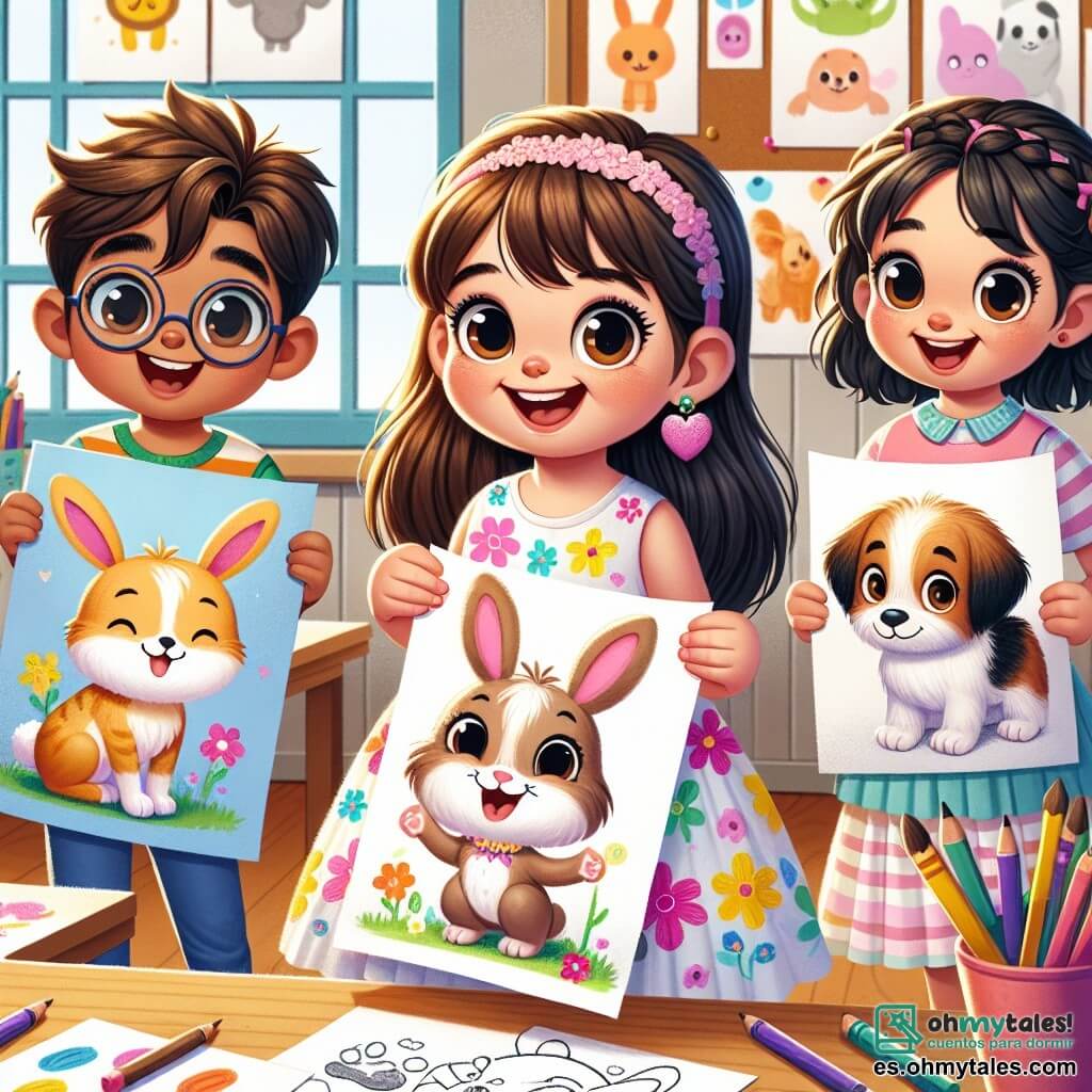 Una niña de 4 años, llamada Sofía, con largos cabellos castaños y ojos brillantes, sonríe alegremente mientras sostiene una gran hoja de papel en la que ha dibujado un adorable conejito. Lleva un vestido colorido con motivos de flores y está en el centro de la escena, llena de entusiasmo. A su derecha, Tomás, un niño de 4 años con cabello rubio despeinado y gafas redondas, muestra orgullosamente su dibujo de un gran perro, con una mirada de orgullo. A la izquierda, Valeria, otra niña de 4 años con cabello negro trenzado y un vestido rosa, pinta un lindo gato, concentrada y sonriente. La escena tiene lugar en un aula luminosa, con paredes decoradas con dibujos de animales y colores vivos. Las mesas de madera están cubiertas de lápices, marcadores y hojas de papel. La situación principal muestra a los tres niños trabajando juntos en sus proyectos de animales, intercambiando ideas y riendo, rodeados de una atmósfera alegre y creativa, mientras la maestra los observa con una sonrisa benevolente.