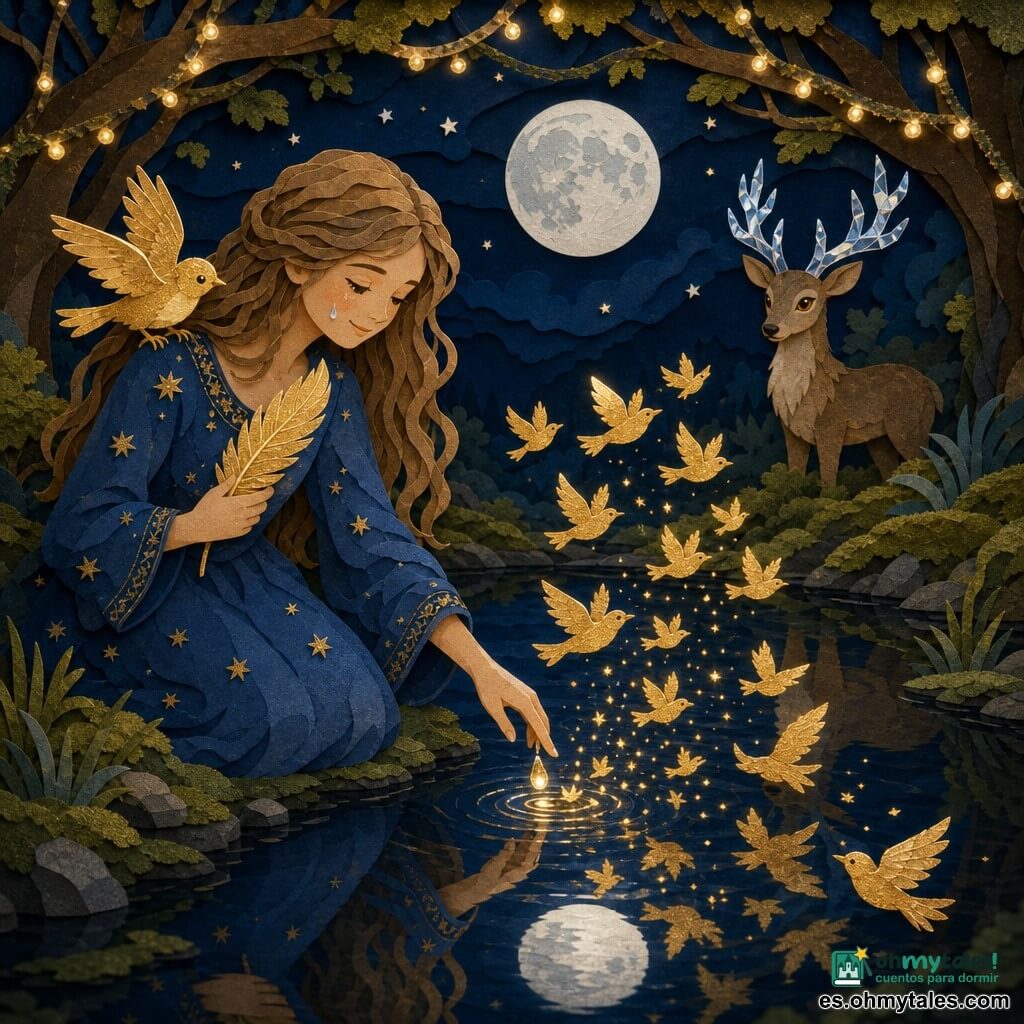 Lía, sonriente y maravillada, de cabello largo castaño claro ondulado y vestido azul noche bordado de estrellas, sostiene una pluma dorada junto al pecho; un pajarito dorado se posa en su hombro derecho con las alas entreabiertas y mirada traviesa; detrás, a pocos pasos, un ciervo silencioso de ojos grandes y cobrizos con astas translúcidas como cristal la observa. Todo ocurre junto a un lago espejo de agua negra que refleja la luna plateada, orillas cubiertas de musgo verde y árboles con ramas arqueadas iluminadas por filamentos de luz; Lía deposita una lágrima de gratitud en el agua que desata una lluvia de pájaros dorados, ambiente feérico en tonos azules profundos, dorados cálidos y verdes musgosos, con texturas de papel recortado nítidas y contrastadas.