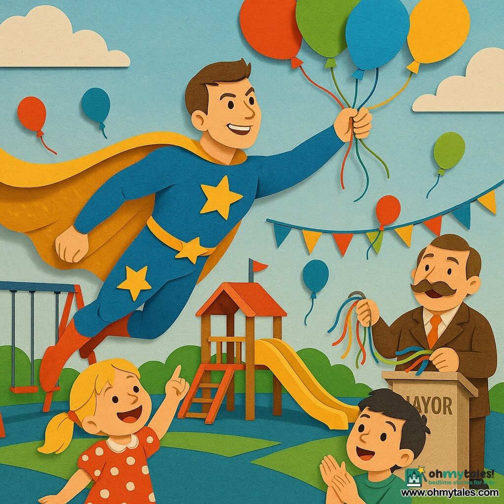 A smiling, determined superhero in a shiny blue costume with large yellow stars and a sparkling cape, short brown hair, gently catching colorful balloons in flight in a dynamic flying pose with a joyful, confident expression; foreground left a 6-year-old girl with blonde pigtails in a red polka-dot dress points up laughing; foreground right an 8-year-old boy with short black hair in a green t-shirt watches in awe and applauds near a slide; in the background the mayor, about 50 with a large mustache in a brown suit, smiles holding colorful ribbons near a platform; a new colorful playground with swings, a yellow slide, small wooden playhouse, blue-green rubber surface, bunting and floating balloons under a clear sky with soft clouds; main action: the superhero retrieves multicolored balloons carried by the wind, with bright colors, cutout shapes, soft shadows and visible paper textures.