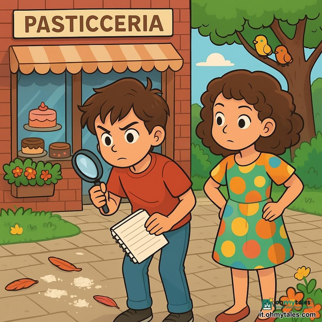 Tommaso, un ragazzo di dieci anni con i capelli castani in disordine e gli occhi pieni di curiosità, si trova al centro dell'immagine, tenendo un quaderno in una mano e una piccola lente d'ingrandimento nell'altra, con un'espressione determinata sul volto. Alla sua destra, Matilde, una ragazza della sua età con capelli ricci e un vestito colorato, osserva attentamente l'ambiente, con le mani sui fianchi, pronta ad aiutarlo nella sua indagine. Sullo sfondo si vede la pasticceria del villaggio, con la facciata in mattoni rossi, finestre decorate con tende a fiori e una grande vetrina piena di deliziosi dolci. La situazione principale mostra Tommaso e Matilde mentre esaminano delle tracce di zucchero sul pavimento, circondati da alcune piume colorate, mentre un gruppo di piccoli uccelli curiosi li osserva da un albero vicino. L'atmosfera è intrigante e gioiosa, piena di mistero e avventura.