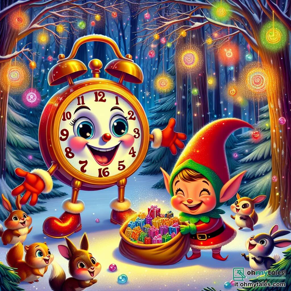 Tic-Tac, un orologio a cucù colorato con un volto sorridente e occhi scintillanti, si trova al centro della scena, con le braccia aperte, traboccante di gioia ed entusiasmo mentre scopre un mondo incantato. Accanto a lui, Fiocco, un elfo birichino con un cappello rosso a punta e orecchie a punta, ride di felicità, tenendo un sacco pieno di regali luccicanti, pronto a distribuirli agli animali del bosco. Il decor è una foresta magica, dove gli alberi sono coperti di neve scintillante e luci colorate danzano tra i rami, creando un'atmosfera fiabesca, mentre fiocchi di neve cadono dolcemente dal cielo. La scena mostra Tic-Tac e Fiocco mentre distribuiscono regali agli animali felici, come conigli e scoiattoli, che si radunano attorno a loro, con gli occhi brillanti di meraviglia e gratitudine, celebrando insieme la magia del Natale.