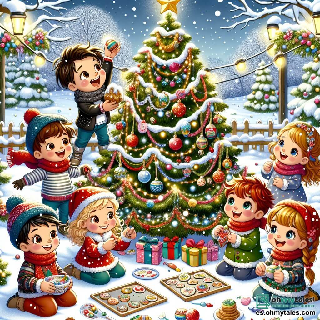 En un jardín nevado, cinco niños están reunidos alrededor de un gran árbol de Navidad decorado con guirnaldas coloridas y bolas brillantes. Lucas, un niño de 8 años con cabello castaño y ojos brillantes, sonríe mientras sostiene una estrella dorada que está a punto de colocar en la cima del árbol. Valeria, una niña de 7 años con cabello rubio y rizado, ríe mientras sostiene guirnaldas de papel. Pablo, un niño de 9 años con gafas y cabello negro, está sentado en la nieve decorando galletas de Navidad. Clara, una niña de 8 años con cabello pelirrojo y una bufanda roja, se divierte lanzando bolas de nieve. Finalmente, Sofía, una niña de 6 años con trenzas y un gorro navideño, observa maravillada las decoraciones. El jardín está cubierto de un espeso manto de nieve brillante, y los copos caen suavemente del cielo, creando una atmósfera mágica. Los niños, unidos por el espíritu navideño, están listos para cantar villancicos alrededor del árbol, llenos de alegría y emoción, mientras luces brillantes iluminan la escena.