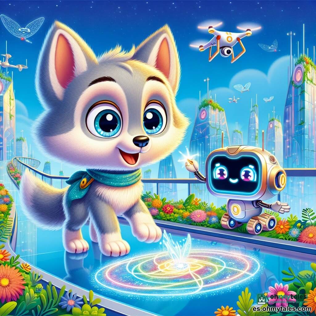 Un pequeño lobo llamado Lino, con un pelaje suave y sedoso de color gris claro, se encuentra en una pasarela de vidrio, con los ojos brillantes de emoción y curiosidad. Observa un holograma luminoso que ha dibujado con una pluma mágica, con las orejas puntiagudas levantadas, mostrando su entusiasmo. A su lado, el robot del vecindario, el Señor Píxel, es un pequeño robot de formas redondeadas, con un caparazón de metal pulido y una pantalla que muestra una cara sonriente. Observa atentamente el dibujo de Lino, con sus ojos luminosos brillando de admiración e interés. El decorado es una ciudad futurista, con edificios de vidrio brillante, jardines exuberantes en los techos y pasarelas aéreas rodeadas de flores coloridas. El cielo es de un azul brillante, salpicado de drones que vuelan suavemente, añadiendo un toque de magia al entorno. La escena muestra a Lino y al Señor Píxel colaborando para crear un plan de vuelo para los drones, rodeados de luces suaves y la belleza de la naturaleza, simbolizando la armonía entre la tecnología y la ecología.