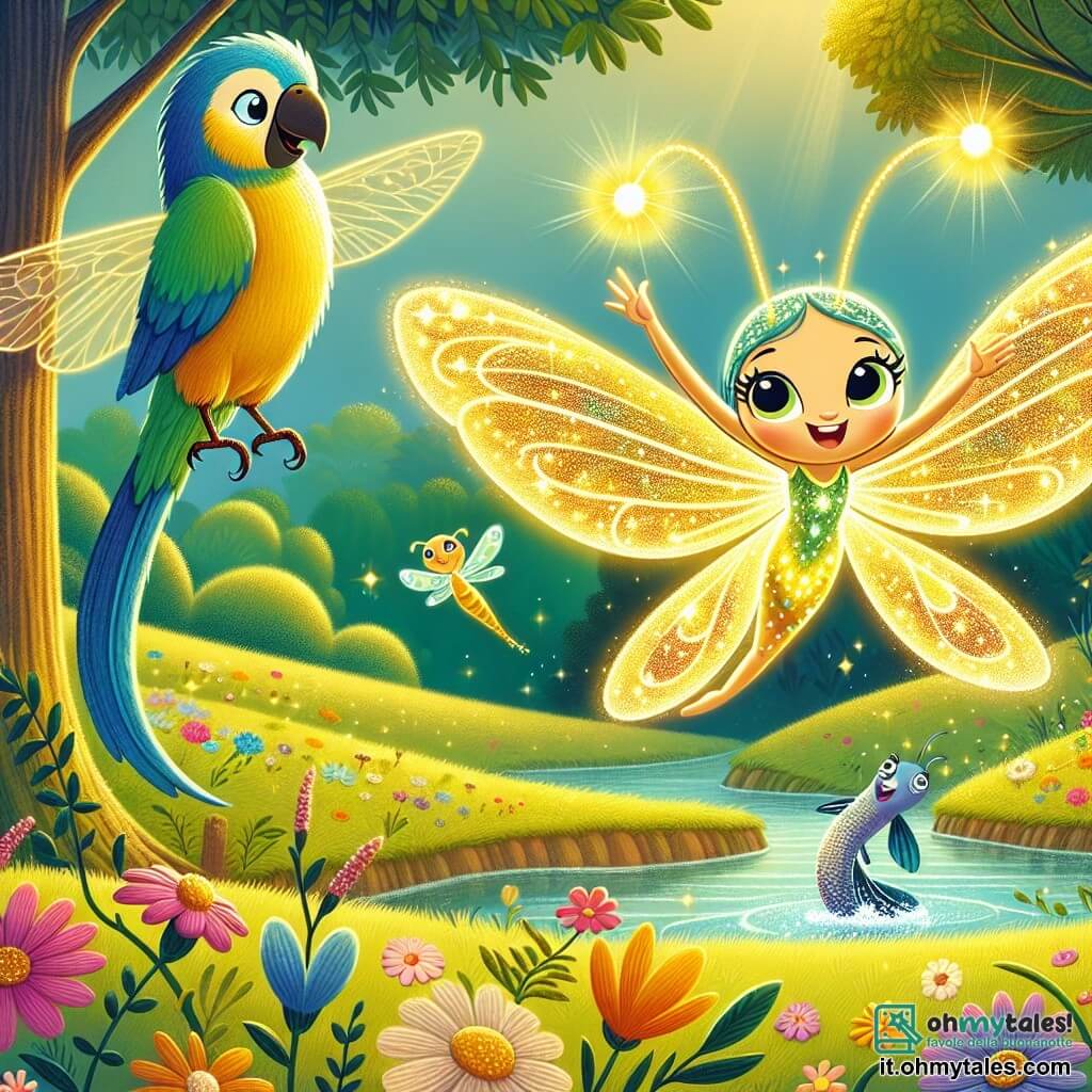 Al centro dell'immagine, Lila, una piccola lucciola dalle ali scintillanti, irradia gioia. Ha un corpo delicato e luminoso, con una luce dorata che illumina il suo viso sorridente. Vola con grazia sopra una bella radura, circondata da fiori colorati. A destra, Pipo, un pappagallo dalle piume blu, verdi e gialle, batte le ali con entusiasmo. Il suo sguardo scintillante mostra la sua eccitazione mentre si trova su un ramo, pronto a volare accanto a Lila. A sinistra, Filo, un pesce dalle squame argentate, nuota in un ruscello che attraversa la radura, saltando fuori dall'acqua per salutare i suoi amici. Il luogo è una radura incantata, bagnata da una luce dorata e circondata da alberi maestosi e un ruscello scintillante. La scena principale mostra Lila e i suoi amici celebrare la loro diversità in un'atmosfera gioiosa e amichevole, condividendo storie e origini, creando un momento di felicità e unità.