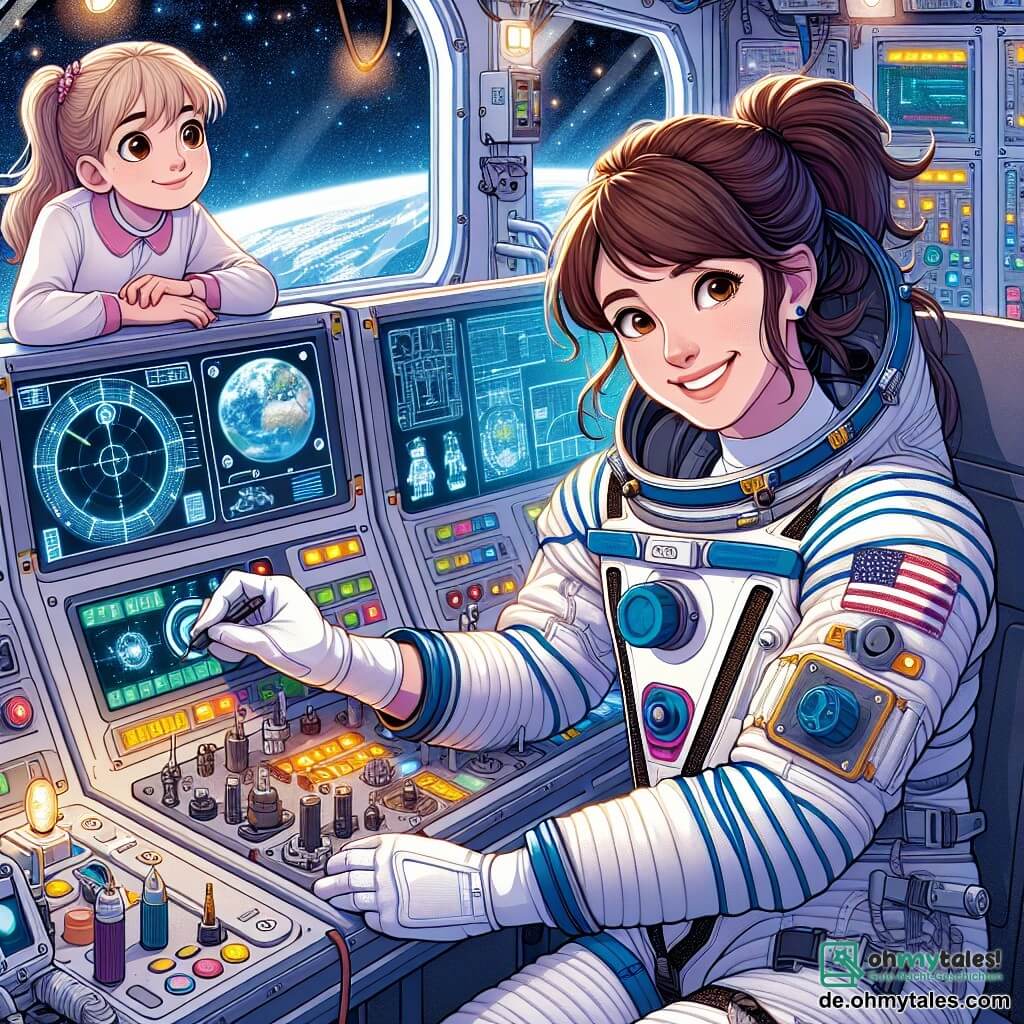 Im Zentrum des Bildes ist die Astronautin Dr. Lena Müller zu sehen. Sie ist eine Frau in den Dreißigern mit braunen Haaren, die zu einem Pferdeschwanz gebunden sind, und trägt einen weißen und silbernen Raumanzug. Ihr Gesicht drückt große Entschlossenheit und fröhliche Neugier aus, während sie einen Sensor im Kontrollraum der Raumstation justiert. Neben ihr ist Mia, ein etwa 10-jähriges Mädchen mit blonden Haaren und runden Brillen, die die Astronautin bewundernd anblickt und ein kleines Werkzeug in den Händen hält, bereit zu helfen. Die Szene spielt im Kontrollraum der Raumstation, der mit leuchtenden Armaturen, Bildschirmen mit Daten und Fenstern, die einen spektakulären Blick auf die blaue Erde darunter und die funkelnden Sterne bieten, gefüllt ist. Die Hauptsituation zeigt Lena und Mia, die zusammenarbeiten, um einen defekten Sensor zu reparieren, was die Bedeutung von Zusammenarbeit und Freundschaft in der Weltraumforschung symbolisiert.
