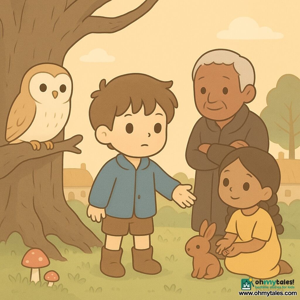 Tom Thumb (boy) stands center, determined and dreamy with bright round eyes, brown tousled hair, a blue linen jacket and worn leather boots, reaching toward a group of animals as an invitation to union. A cream-and-chestnut owl perches on a low branch to the left, wise-eyed and watching him. An elderly villager (about 60) stands to the right, lined but softened face, dark coat, arms relaxed as he begins to smile, slightly behind the boy. A village girl (about 8) crouches nearby in a simple yellow dress with braided hair, marveling as she holds a tiny ant on her palm. The scene is at the base of an ancient oak with gnarled roots in a dusk clearing of green grass, glowing mosses and small red mushrooms, thatched-roof village visible in the background. The main situation is a peaceful, warm gathering where Tom Thumb offers union between villagers and forest creatures; soft pastel colors (blues, greens, ochres), golden twilight light, simple composition, rounded forms, atmosphere of trust and harmony.