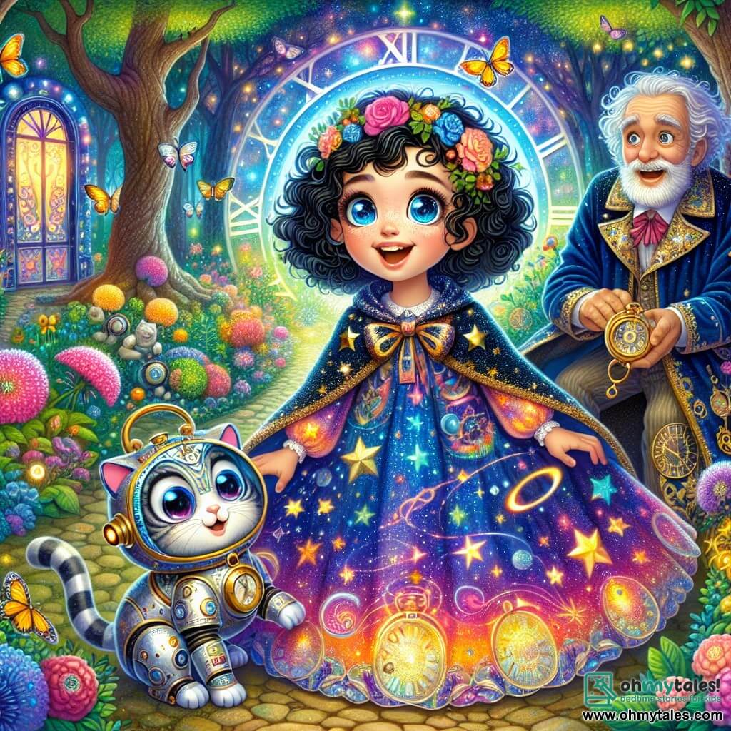 A 6-year-old girl named Luna stands at the center of the image, with big bright eyes and deep black curly hair. She wears a colorful dress adorned with star and planet patterns, her face expressing joy and curiosity. Beside her is a cat robot named Whiskers, with silver fur and bright eyes, sitting and looking at Luna affectionately. In the background, an elderly man, Professor Time, around 70 years old, is dressed in a long blue velvet robe decorated with clock and constellation patterns. He smiles gently at Luna while holding a large golden key that shines in the light. The setting is an enchanting secret garden filled with luminescent flowers in vivid colors, tall trees with sparkling leaves, and colorful butterflies flying around them. In the distance, there is a mysterious door adorned with rainbow patterns, seemingly leading to other worlds. The main scene shows Luna, amazed, exploring this magical garden while Professor Time explains the wonders of time travel, creating an atmosphere of discovery and adventure.
