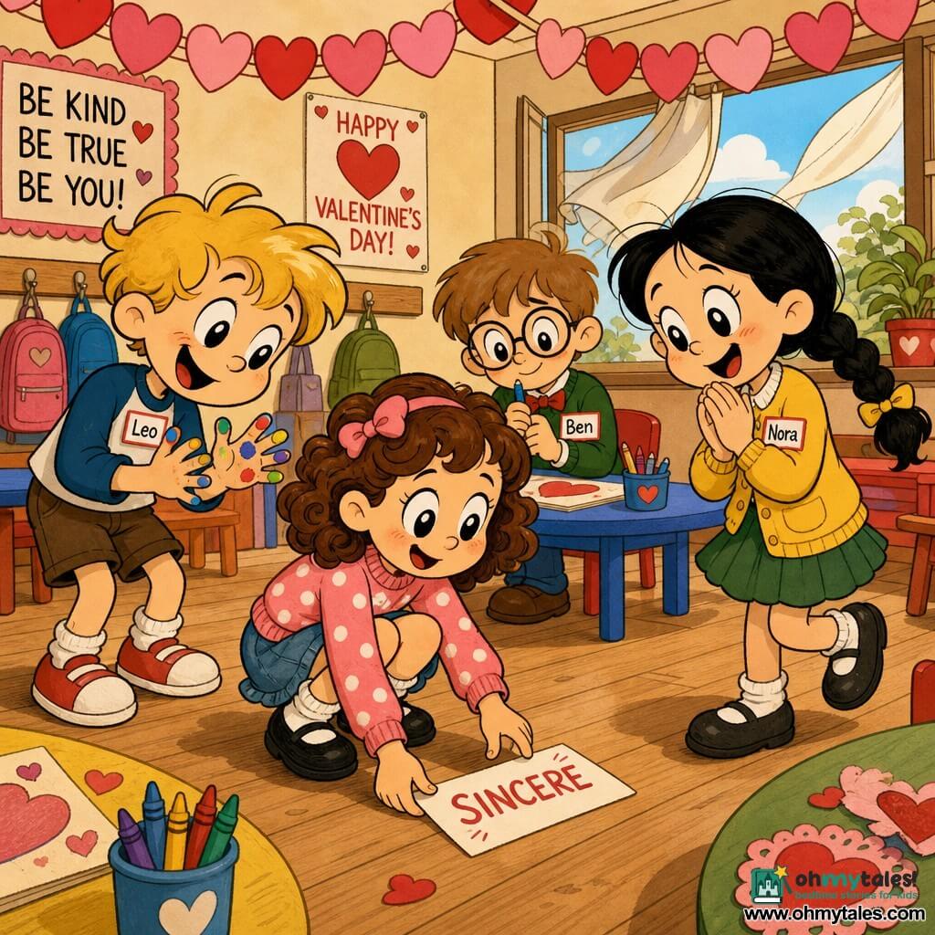 A cheerful, relieved 6-year-old girl, Mia, with a round face, shoulder-length curly brown hair and bright wide eyes is crouched, picking up a small white card reading SINCERE in red letters; to her left Leo, a mischievous 6-year-old boy with messy blond hair and paint-stained fingers, leans in applauding; to her right Nora, a 6-year-old girl with a braided black hair and hands clasped, stands on tiptoe wearing a yellow cardigan and green skirt; behind Mia sits shy 6-year-old Ben, light brown hair, round glasses and holding a blue pencil, watching gently; the scene is a bright classroom with light wood floors, colorful low tables, backpacks on wall hooks, pink and red paper heart garlands and a green plant by an open window whose light breeze moves the curtain, a warm, joyful Valentine’s atmosphere as the children surround Mia and celebrate her finding the SINCERE card.