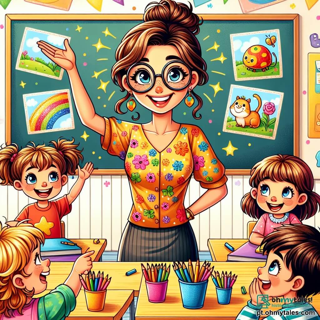 Uma professora sorridente, na casa dos trinta anos, com cabelos castanhos presos em um coque e óculos redondos, está em frente a um quadro negro. Ela usa uma blusa colorida com desenhos de animais e tem um olhar cheio de entusiasmo. Ao lado dela, um garoto de 8 anos, com cabelos loiros bagunçados e uma camiseta vermelha, levanta a mão com um grande sorriso, pronto para compartilhar sua ideia. Outra criança, uma menina de 9 anos, com tranças e um vestido florido, observa atentamente, com os olhos brilhando de excitação. A cena acontece em uma sala de aula iluminada, com paredes amarelas e cartazes coloridos sobre temas da natureza e matemática. Mesas de madeira estão dispostas em círculo, e lápis de cor estão espalhados sobre as mesas. A situação principal mostra a professora e seus alunos envolvidos em uma divertida investigação sobre o mistério das mochilas coloridas, com risadas e troca de ideias, criando uma atmosfera alegre e colaborativa.