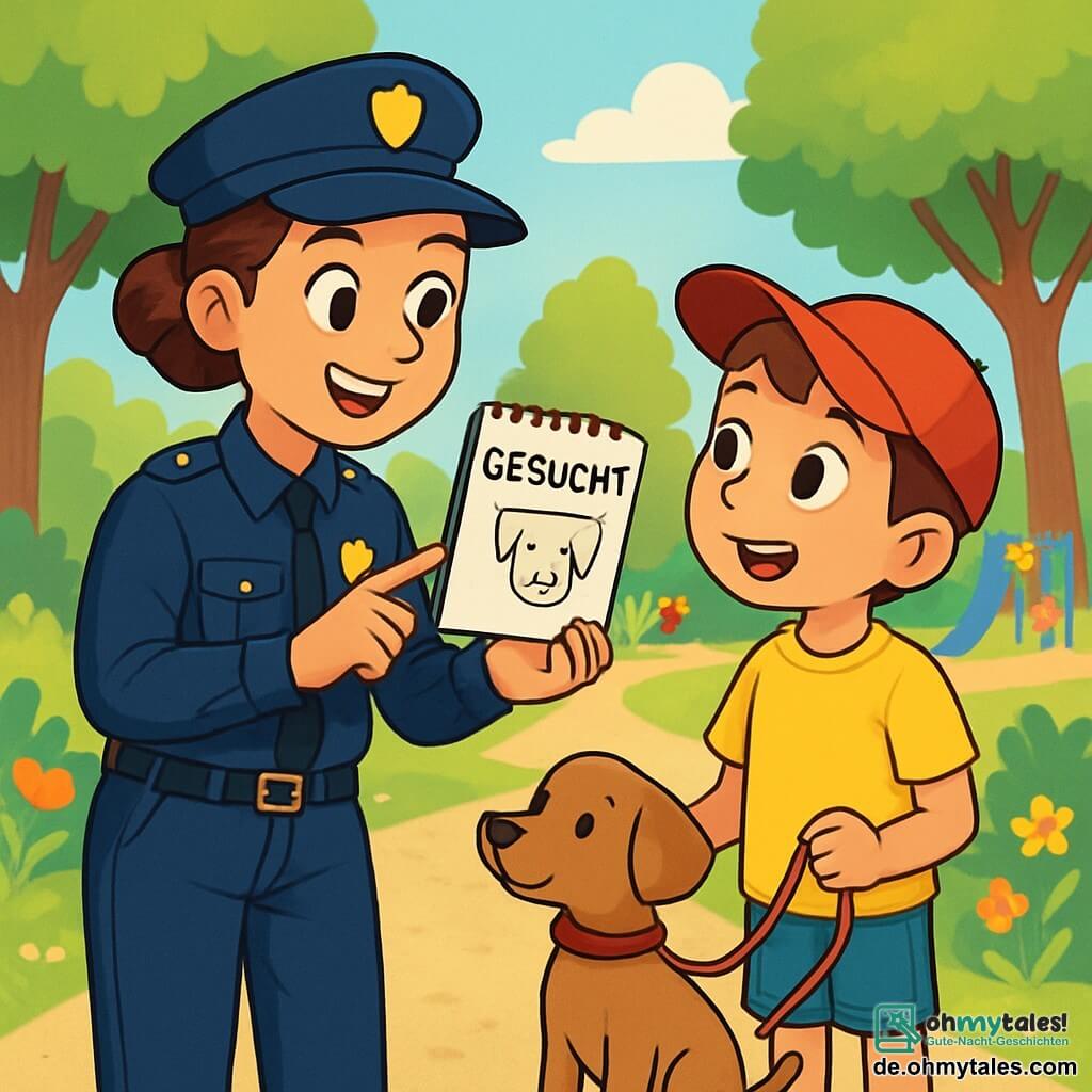 Eine lächelnde Polizistin mit braunen Haaren, die zu einem Dutt gebunden sind, trägt eine makellose marineblaue Uniform. Sie hat funkelnde Augen voller Entschlossenheit und hält ein Notizbuch in einer Hand, während sie mit einem jungen Jungen spricht. Der Junge, Tim, ist etwa 8 Jahre alt, trägt eine rote Mütze und ein gelbes T-Shirt. Er schaut die Polizistin bewundernd mit weit offenen Augen an und hält an seinen Füßen einen kleinen Hund an der Leine. Die Szene spielt in einem sonnigen Park mit üppigen grünen Bäumen, bunten Blumen und einem Kiesweg. In der Ferne spielen Kinder auf einem Spielplatz. Die Polizistin und Tim sprechen über die Suche nach einem verlorenen Hund, mit Ausdrücken von Aufregung und Neugier auf ihren Gesichtern. Der kleine Hund schnüffelt neugierig um sie herum und bringt Freude in die Szene.