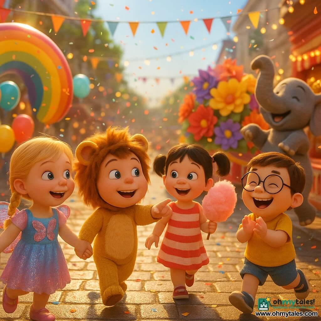 Four 4-year-old children join a sunny carnival parade on a cobblestone street: Lily, a blonde girl in braided hair wearing a pink-and-blue sparkly butterfly dress, holding Jake’s hand and looking at a large rainbow balloon to her right; Jake, a brown-haired boy in a lion costume with a small golden mane, smiling and pointing at a colorful float to Lily’s left; Mia, a black-haired girl in pigtails wearing a red-and-white striped dress stained with sugar, holding pink cotton candy behind Lily and Jake; and Tom, a bespectacled boy in a yellow T-shirt and blue shorts clapping and laughing near a dancing elephant; wood stalls painted red and white, multicolored bunting, floating balloons, falling confetti and a large flower-decorated float create a bright, warm, playful atmosphere.