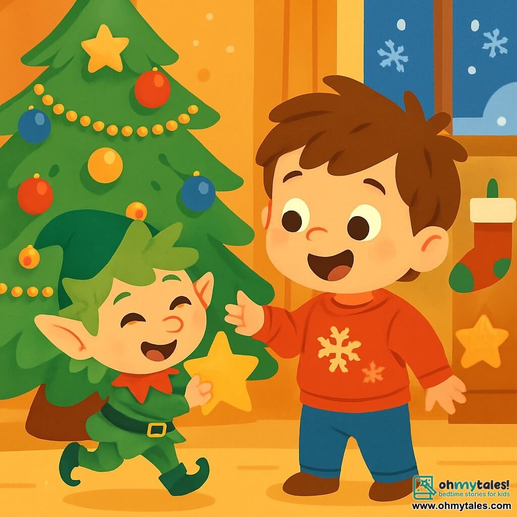 A 2-year-old boy named Max, with messy brown hair and sparkling eyes, stands in front of a large Christmas tree. He wears a red sweater with snowflake patterns and jeans. Max smiles widely, his cheeks flushed with excitement, as he reaches out to a mischievous elf named Jingles. Jingles is a small elf with messy green hair and a pointy hat adorned with bells. He joyfully laughs, bouncing around Max while holding a sparkling star in his tiny hands. The setting is a cozy room filled with twinkling lights and colorful decorations. The tree is covered in golden garlands and shiny ornaments, while snowflakes gently fall outside the window. Max and Jingles are playing together, surrounded by hanging stockings and star-shaped cookies, creating a festive and joyful atmosphere.