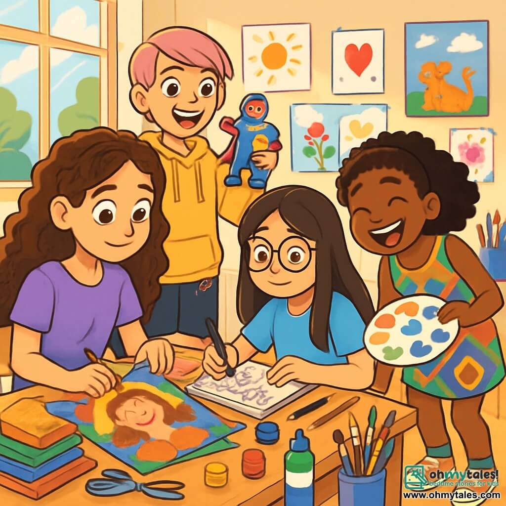 There are 4 children: Emilia, a 12-year-old girl with long curly hair and sparkling eyes, wearing a purple t-shirt and a denim skirt, sitting at a table focused on her art surrounded by colorful fabrics. Jade, also 12, has short straight pink-dyed hair, wearing a yellow hoodie and black pants, standing and smiling while showing her superhero sculpture to her friends. Zahra, a 12-year-old with curly hair and high energy, is wearing a colorful patterned dress and sneakers, leaning forward and laughing while holding a paint palette full of bright colors. Luna, the last girl, has long straight hair and round glasses, dressed in a light blue t-shirt and canvas pants, sitting next to Emilia and drawing stars in her notebook. The setting is a bright art studio with large windows letting in sunlight, walls covered with student drawings and paintings, and tables filled with art supplies like brushes, paints, colorful fabrics, and shiny papers. The atmosphere is joyful and creative, filled with laughter and vibrant colors. The main scene shows the children working together on their art projects, each expressing their unique personality through various materials, with Emilia feeling supported by her friends in a studio overflowing with creative energy and camaraderie.