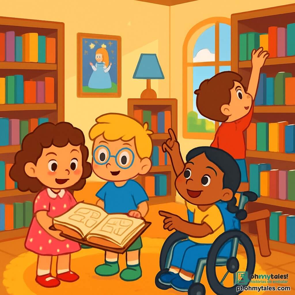 Há 4 crianças: - Ana: uma menina de 4 anos com cabelos cacheados castanhos, vestindo um vestido rosa com bolinhas brancas, segurando um livro antigo nas mãos e sorrindo com curiosidade. - Pedro: um menino de 4 anos com cabelos loiros e óculos redondos, vestido com uma camiseta azul e um short verde, olhando para o livro com os olhos arregalados. - Sofia: uma menina de 4 anos em uma cadeira de rodas, com cabelos negros trançados e uma blusa amarela, apontando para um canto da biblioteca com entusiasmo. - Lucas: um menino de 4 anos com cabelos castanhos e uma camiseta vermelha, em pé sobre um pequeno banco, tentando alcançar uma prateleira alta com um olhar determinado. O local é uma biblioteca mágica, com prateleiras de madeira cheias de livros coloridos, tapetes macios no chão e lâmpadas suaves iluminando o ambiente. Pôsteres de contos de fadas decoram as paredes, e uma grande janela deixa entrar a luz do sol, criando uma atmosfera calorosa e acolhedora. A situação principal mostra as crianças reunidas em torno de um grande livro antigo, descobrindo mapas e pistas misteriosas, com expressões de excitação e curiosidade em seus rostos, prontas para embarcar em uma aventura para resolver o mistério do livro perdido.