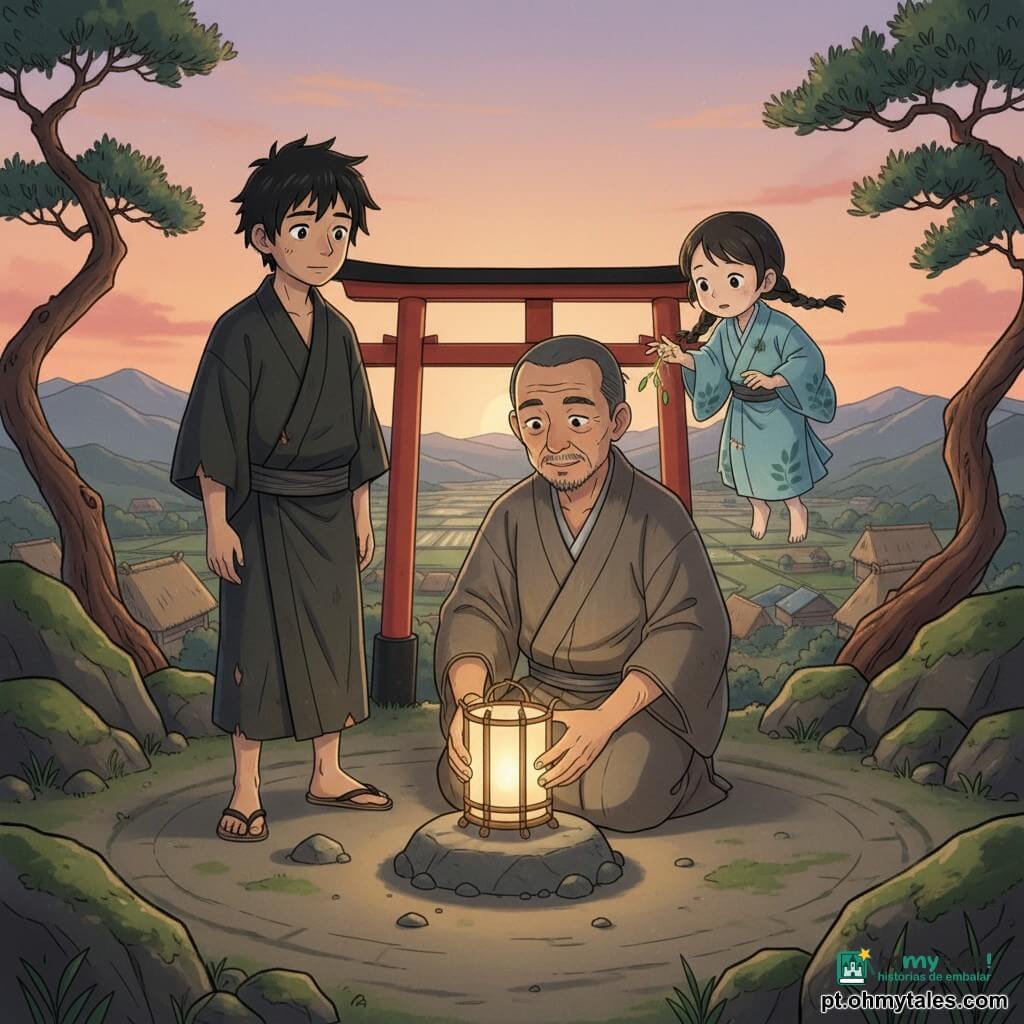 Hideo, homem de rosto marcado e barba rala, de kimono cinza-amarronzado, ajoelhado com uma pequena lanterna de papel sobre uma pedra circular; Ren, jovem de ~17 anos, cabelo preto bagunçado e kimono escuro gasto, em pé a alguns passos com mãos úmidas, rosto dividido entre remorso e esperança; uma menina-kami pequena de quimono azul claro com tranças flutua atrás de Hideo oferecendo um fio de luz; no topo do Monte Aoi ao crepúsculo, clareira com pedras musgosas, pinheiros retorcidos e um torii vermelho ao fundo, vale com telhados de palha e arrozais brilhantes abaixo; cena solene de reparação e promessa, lanternas quentes contrastando com tons frios do entardecer.