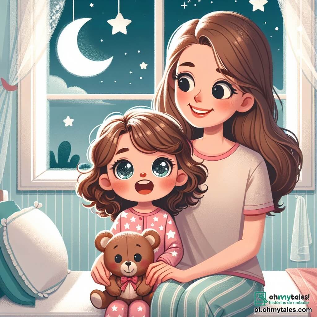 Uma menina de 4 anos, chamada Sofia, está sentada em sua cama, com grandes olhos brilhantes e um sorriso curioso. Ela tem cabelos cacheados castanhos e usa um pijama rosa com estrelas brancas. Sofia segura firmemente seu ursinho de pelúcia, um urso marrom com um laço vermelho no pescoço, e olha pela janela com admiração. Ao lado dela, sua mãe, uma mulher de cerca de trinta anos, tem cabelos longos e lisos, e usa uma camiseta confortável e calças de pijama. Ela está sentada na beirada da cama, sorridente e reconfortante, contando uma história para Sofia, enquanto segura sua mão. A cena acontece no quarto de Sofia, um espaço acolhedor com paredes pintadas de azul claro, adesivos de estrelas e luas, e uma luz noturna em forma de nuvem que emite uma suave luminosidade. A janela está aberta, deixando entrar uma leve brisa, e do lado de fora, o céu está cheio de estrelas cintilantes. A situação principal mostra Sofia e sua mãe compartilhando um momento terno, onde Sofia, inicialmente um pouco assustada com o escuro, descobre a beleza das estrelas e se sente segura pela presença reconfortante de sua mãe.