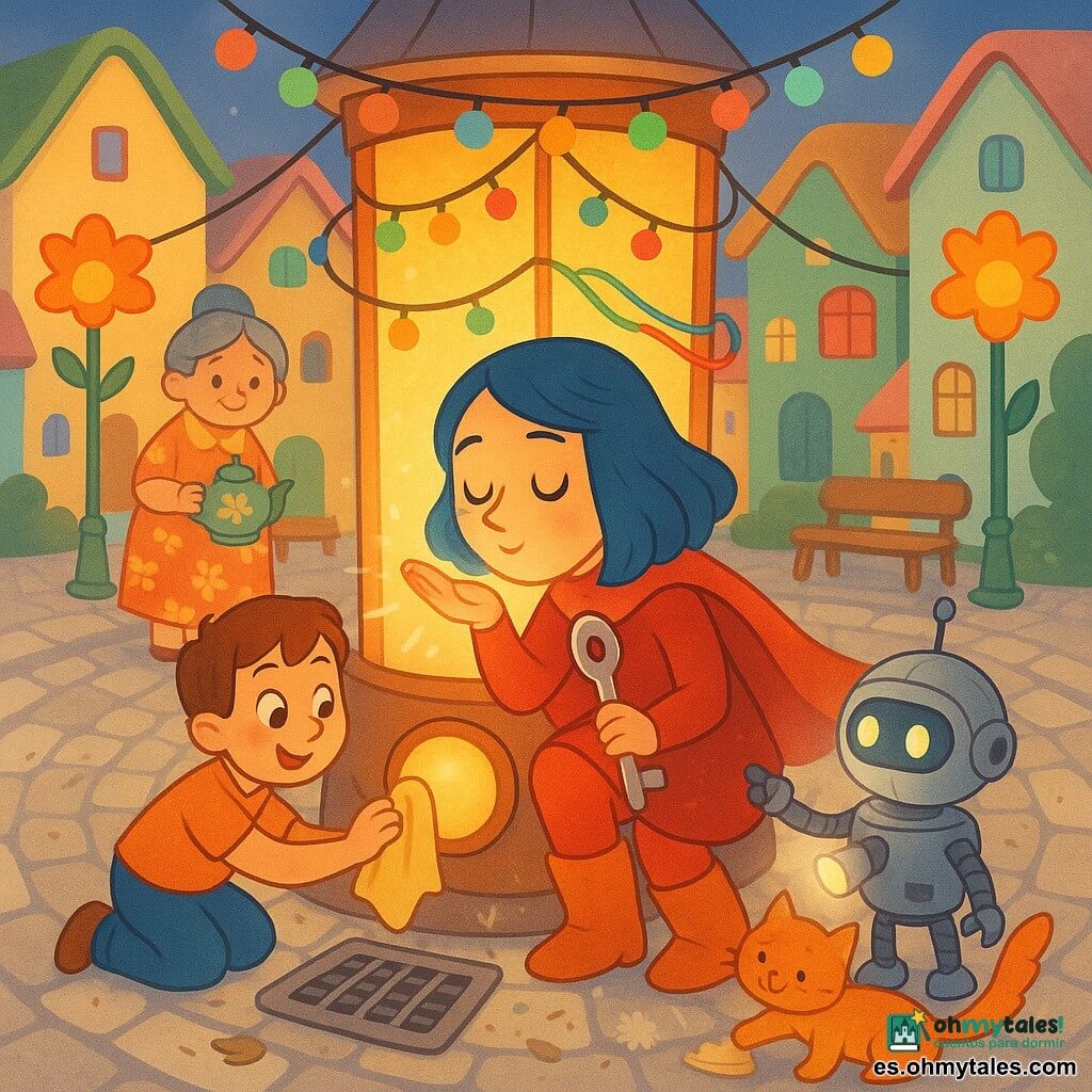 Una mujer adulta, Aurora Rayo, sonriente y serena, cabello azul hasta los hombros, capa roja brillante y botas como campanas, agachada ante una gran torre-linterna, sosteniendo una llave metálica pulida y soplando sobre un gran botón redondo; un pequeño robot llamado Pipo, cuerpo plateado y ojos luminosos, proyecta luz tipo linterna y señala unos cables de colores a la derecha de Aurora; un niño de unos 6 años, cabello castaño corto y sonrisa abierta, frota una rejilla a la izquierda de Aurora con un paño amarillo; una anciana con moño gris y vestido de flores sostiene una tetera caliente y observa desde un banco con orgullo; un gato pelirrojo y esponjoso se restriega la pata contra una herramienta de limpieza en el suelo. El lugar es una plaza circular empedrada con faroles en forma de flor, casas de tejados redondeados en tonos pastel y una torre-linterna central cuyas guirnaldas de cables de colores se extienden hacia las calles. Situación: la comunidad limpia y repara la torre; se cepillan polvo, hojas y pelusas, el gran botón se activa y empieza a brillar — ambiente cálido, colores vivos, gestos colaborativos y rostros tranquilos.