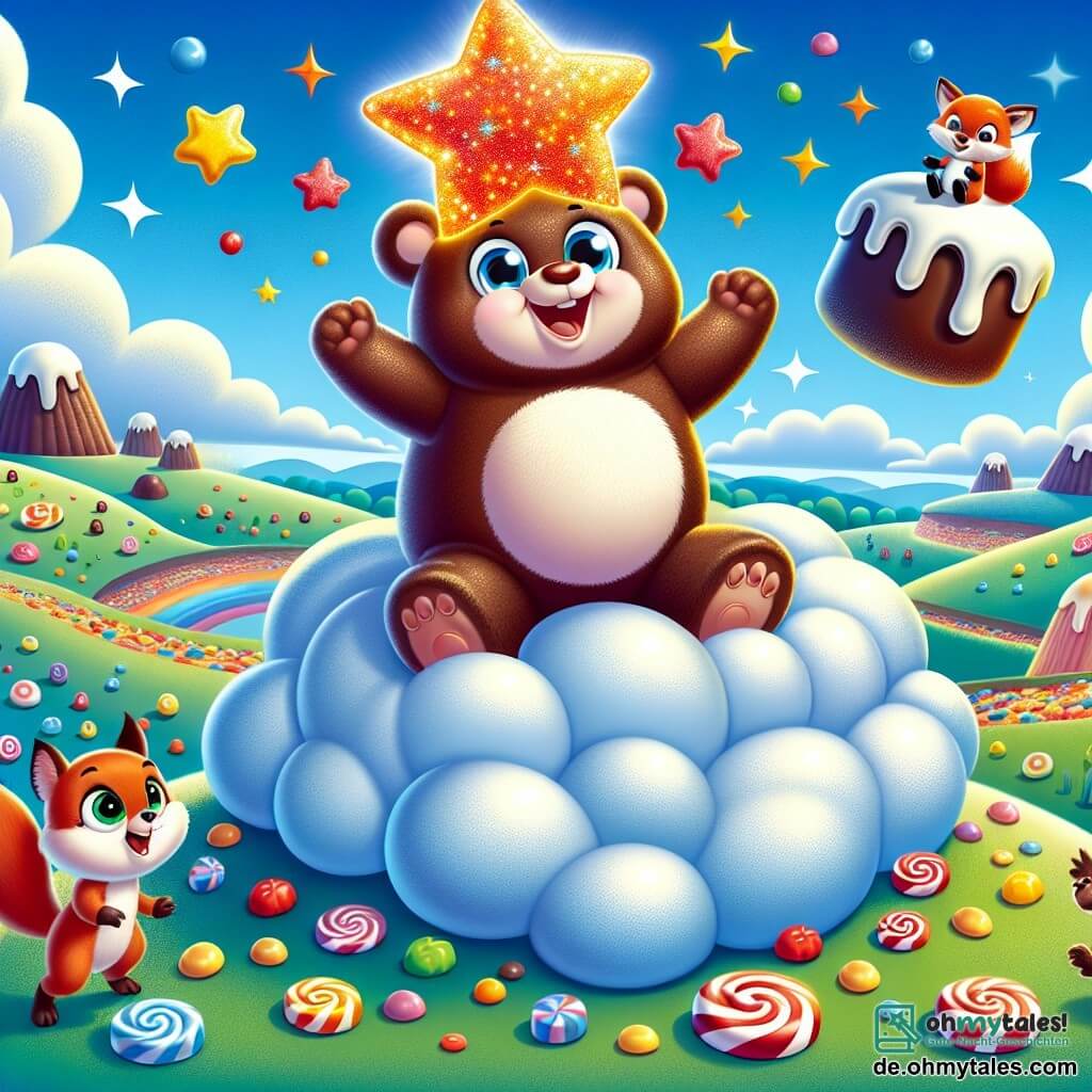Bruno, ein fröhlicher Bär mit braunem Fell und funkelnden, schelmischen Augen, trägt einen riesigen, glitzernden Sternenhut und springt vor Freude auf einer Zuckerstangenwolke, sein großes Lächeln erhellt sein Gesicht. Neben ihm schaut ein kleiner, runderäugiger Eichhörnchen mit buschigem Schwanz bewundernd zu, seine kleinen Pfoten in die Luft gehoben, während eine schlaue Füchsin mit leuchtend rotem Fell etwas im Hintergrund steht, mit weit aufgerissenen Augen der Überraschung, sich fragend, wie sie dort gelandet sind. Der Himmel ist strahlend blau, gesprenkelt mit wolkenförmigen Süßigkeiten, und die Landschaft darunter ist eine Mischung aus Marshmallowhügeln und Schokoladenflüssen, die durch einen bunten Süßigkeitenwald schlängeln. Die Szene zeigt Bruno und seine Freunde, die auf der Zuckerstangenwolke Spaß haben, lachen und staunen über den unglaublichen Anblick eines riesigen Puddings, der am Himmel schwebt und bereit ist, sie in ein neues Abenteuer zu entführen.