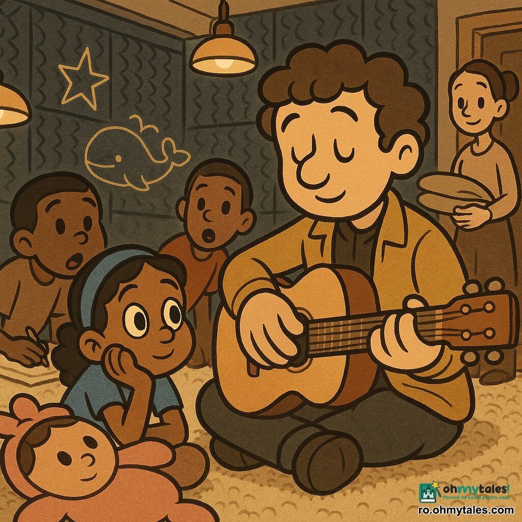 Un muzician-cântăreț cu chip blând și zâmbet cald, păr castaniu buclat, vestă din lână muștar, ținând o chitară din lemn deschis și mângâind corzile în timp ce șoptește o leagănă; o fată, Mara, circa 10 ani, cu bentiță albastră și ochi mari uimiți, așezată în primul rând pe o păpușă-pernă roz; un băiat, Darius, circa 11 ani, cu păr scurt, ținută lejeră, ținând un creion și aplecat, gura între-deschisă, chiar în spatele Marei; o femeie adultă, Iulia, 25–30 ani, părul prins, zâmbet liniștit, stând lângă ușă și îndoiind perne, privindu-i cu mândrie; locul: o sală mică, insonorizată și cochetă, pereți acoperiți cu panouri de spumă gri și bleumarin, covor crem gros, lumini calde, desene cu stele și balene pe pereți, scaune în semicerc și o masă joasă cu câteva sticle de apă; situația: muzicianul cântă încet o leagănă la voce scăzută, lumină difuză, atmosferă intimă, copiii în semicerc cu fețele liniștite, sunetul blând ca o plapumă — compoziție centrată pe bărbat și chitara sa, cadre strânse pe mâini, corzi și chipuri atente.