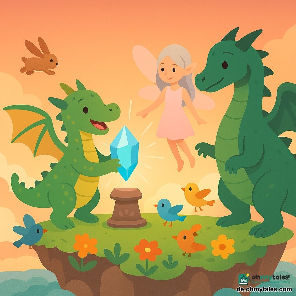 Kleiner Drache namens Flämmchen, fröhlich und stolz, mit ausgebreiteten Flügeln, glänzenden grünen Schuppen mit goldenem Schimmer, hält im Flug knapp über dem Boden einen großen leuchtend blauen Kristall in den Vorderpranken; neben ihm schwebt die Fee Elara, schlank, silbernes Haar, durchsichtige rosa Flügel, lächelnd und auf den Sockel zeigend; die Drachenmutter, größer, dunklergrüne Schuppen und sanfte Augen, steht nahebei mit erhobener Kralle begrüßend; mehrere kleine Inseltiere (fliegende Hasen und bunte Vögel) tummeln sich lachend im Kreis; Schauplatz: kleine schwebende Insel über einem Wolkenmeer, lebhaft grünes Gras, leuchtende Blumen, runde Klippen und moosbedeckte Steine, Sonnenuntergang mit orange-rosa Himmel; Hauptsituation: triumphale Rückkehr, bei der der Drache den Kristall auf einen verzierten Sockel in der Inselmitte setzt, das Kristalllicht strahlt sanft, alle schauen staunend.