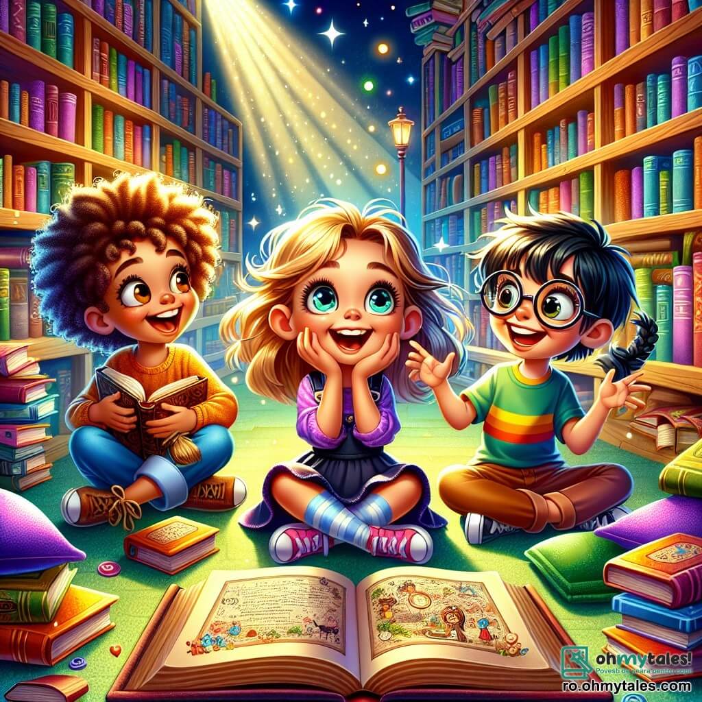 O fetiță de 8 ani, Mara, cu ochi mari și strălucitori și păr castaniu creț, stă pe podea într-o bibliotecă. Are un zâmbet uimit și ține o carte veche cu pagini îngălbenite, în timp ce un raze de lumină îi luminează fața. Lângă ea, un băiat de 8 ani, Radu, cu ochelari rotunzi și păr blond zbârlit, râde imitând expresii de detectiv, cu brațele întinse. O altă fetiță de 8 ani, Ana, cu codițe negre și un tricou colorat, arată cu degetul o hartă misterioasă desenată pe o pagină, cu ochii strălucind de excitație. Biblioteca este plină de rafturi înalte din lemn, pline de cărți cu coperți colorate, iar perne pufoase sunt împrăștiate pe podea. Un colț de lectură este iluminat de o lampă blândă, creând o atmosferă caldă și primitoare. Situația principală îi arată pe Mara, Radu și Ana în plină anchetă, descoperind o carte veche secretă, înconjurați de mister și aventură, pregătiți să rezolve misterul bibliotecii.