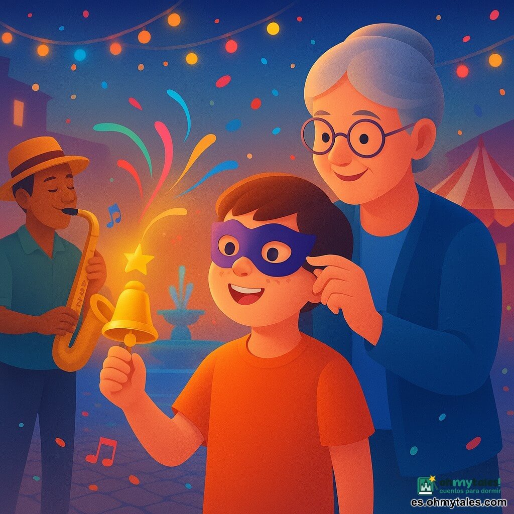 Un niño de 8 años, rostro redondo con pecas y cabello castaño corto, con expresión maravillada y sonriendo, sostiene una pequeña campanilla brillante y mira la plaza del carnaval; detrás de él, su abuela de unos 65 años, cabello gris en un moño, gafas redondas y sonrisa dulce, le ajusta una antifaz estrellado de forma protectora; a la izquierda, un músico callejero de unos 30 años, piel bronceada y sombrero de paja, toca el saxofón sonriendo con notas coloridas flotando; la escena transcurre al crepúsculo en una gran plaza empedrada con guirnaldas multicolor, confeti de papel, una fuente circular con chorros iluminados y una carpa roja y blanca al fondo; el niño, en el centro, agita su campanilla y contempla tres caminos de serpentinas brillantes que se abren ante él, en una atmósfera alegre de colores vivos, movimientos de baile, texturas brillantes, contrastes suaves y sombras sutiles.