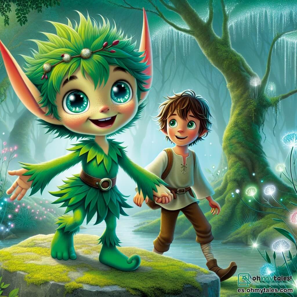 Un duende alegre llamado Zippy, con piel verde esmeralda, grandes ojos brillantes como estrellas y orejas puntiagudas, danza sobre una piedra cubierta de musgo, con una sonrisa radiante en su rostro. A su lado, un niño de nueve años llamado Lucas, con cabello castaño desordenado y ropa sencilla, observa con asombro, sus ojos brillando de curiosidad, mientras se prepara para entrar en un mundo mágico. El escenario se sitúa en el Marais de los Susurros, un lugar encantador donde árboles con hojas de cristal brillan bajo la luz de la luna, y flores luminosas iluminan el suelo brumoso, creando una atmósfera de cuento de hadas. La escena principal muestra a Zippy y Lucas, de la mano, listos para aventurarse juntos en este mundo fantástico, rodeados de criaturas mágicas y colores vibrantes, simbolizando la amistad y la aventura que les espera.