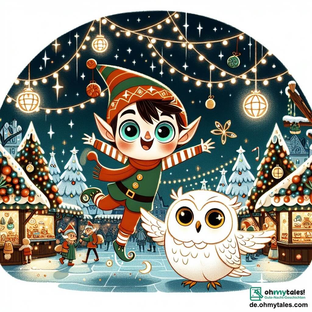 Ein kleiner Elf namens Emil mit großen, glänzenden Augen und einem leicht schiefen grünen Hut springt vor Freude auf einem beleuchteten Weihnachtsmarkt, sein Gesicht strahlt vor Glück. Neben ihm lächelt die kleine, sanfte Schnee-Eule Lili mit weißen Federn und goldenen Augen und reicht ihm eine Kralle, bereit, ihm zu helfen, ihre Freunde zu finden. Der Weihnachtsmarkt ist mit funkelnden Girlanden, großen Tannenbäumen, die mit bunten Kugeln geschmückt sind, und Ständen, die Süßigkeiten und Spielzeug verkaufen, dekoriert und schafft eine festliche, warme Atmosphäre. Emil und Lili, umgeben von funkelnden Lichtern, suchen nach ihren verschwundenen Freunden, bereit, ein magisches Abenteuer im Herzen dieser verzauberten Weihnachtsnacht zu erleben.