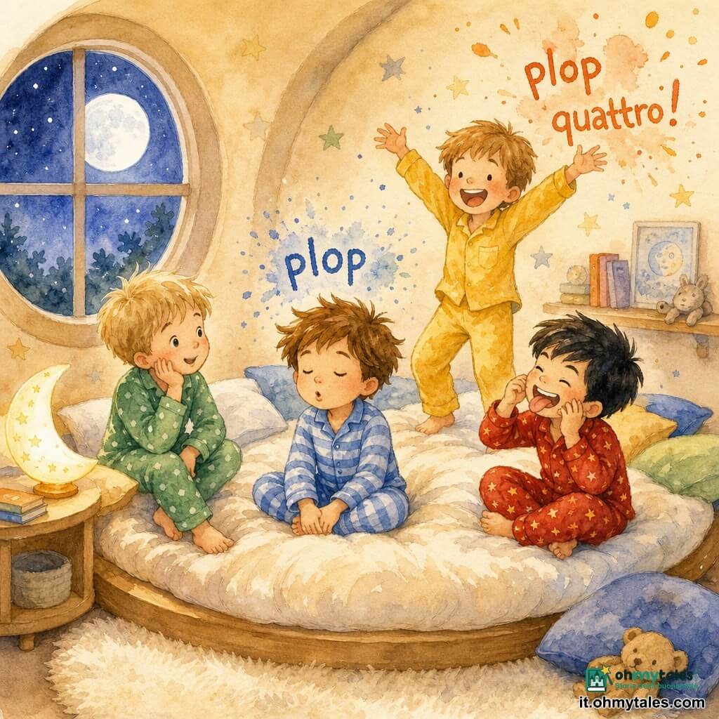 Ci sono quattro bambini di circa 5 anni: Luca, capelli castani arruffati, pigiama a righe blu, seduto al centro del letto con gli occhi chiusi come se sussurrasse "plop"; Marco, biondo a taglio corto, pigiama verde a pois, seduto a sinistra con la mano sulla guancia ad ascoltare; Gianni, capelli neri lucidi, pigiama rosso a stelline, seduto a destra che fa una smorfia ridendo; Paolo, castano chiaro, pigiama giallo, in piedi sul materasso all'estremità con le braccia alzate come se avesse gridato "plop quattro!". Ambientazione: una cameretta rotonda e accogliente con pareti crema e stelle acquarello, ampia finestra tonda con dolce luce lunare, tappeto in ecopelliccia crema, coperta morbida e una lampada a forma di luna su un tavolino chiaro. Situazione: i quattro contano "plop" immaginari prima di dormire sul letto, visi sorridenti e occhi socchiusi, atmosfera tenera e calma con leggere macchie acquarello a suggerire la magia dei suoni.