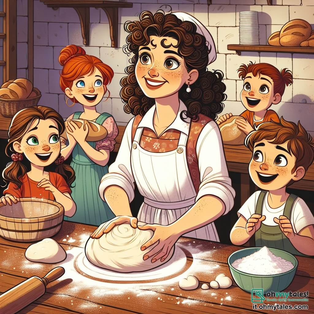 In una panetteria accogliente e colorata, una donna di nome Rosa, sulla quarantina, con capelli castani ricci e un sorriso radioso, sta impastando della pasta per il pane su un grande bancone di legno. Indossa un bel grembiule bianco, leggermente infarinato, e i suoi occhi brillano di gioia e passione per il suo lavoro. Intorno a lei, quattro bambini entusiasti: Marco, un ragazzo di 10 anni con capelli castani disordinati, osserva attentamente Rosa tenendo una piccola ciotola di farina; Sara, una ragazza di 9 anni con capelli rossi e lentiggini, ride mentre cerca di impastare una piccola palla di pasta; Luca, un ragazzo di 8 anni con un sorriso malizioso, forma un pane a forma di cuore; e infine, Emma, una ragazza di 7 anni con due trecce, si diverte a spolverare farina sul tavolo, scoppiando a ridere. La panetteria, "Il Forno Incantato", è decorata con muri di mattoni rossi e scaffali pieni di pani dorati e dolci colorati. I raggi di sole filtrano attraverso le finestre, illuminando la scena con una luce calda e morbida. La scena principale mostra Rosa che insegna ai bambini come preparare il pane, tra risate e gesti gioiosi, creando un'atmosfera magica e conviviale, dove la passione per la panificazione si mescola alla gioia dell'apprendimento.