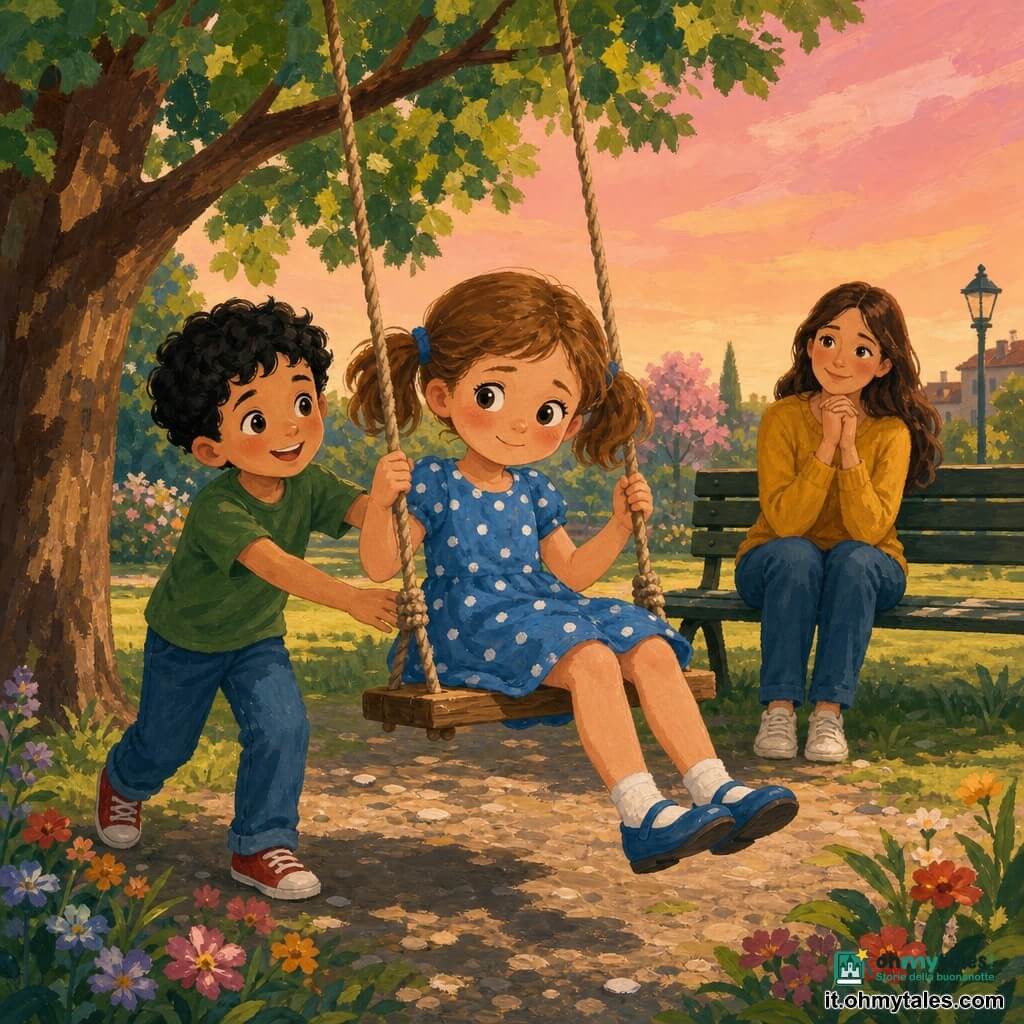 Ragazzina di 8 anni, viso rotondo, capelli castano chiaro a coppie, occhi grandi e umidi, timida ma coraggiosa, in vestito blu a pois bianchi, seduta su una piccola altalena di legno che oscilla dolcemente; un bambino di circa 7 anni (Matteo), capelli neri ricci, sorriso aperto, maglietta verde, la spinge piano mostrando affetto; la madre (circa 35 anni), capelli lunghi castani, maglione giallo senape, seduta su una panchina poco distante con sorriso rassicurante e mani giunte; parco nel pomeriggio con prato verde, fiori ai bordi, un grande albero, cielo rosa-arancione, atmosfera calma e incoraggiante: la bambina impara a vincere la paura dell’altalena grande provando quella piccola, movimenti leggeri, colori caldi e contrasti morbidi; stile gouache con pennellate visibili, palette luminosa, composizione centrata sulla bambina per suscitare empatia.