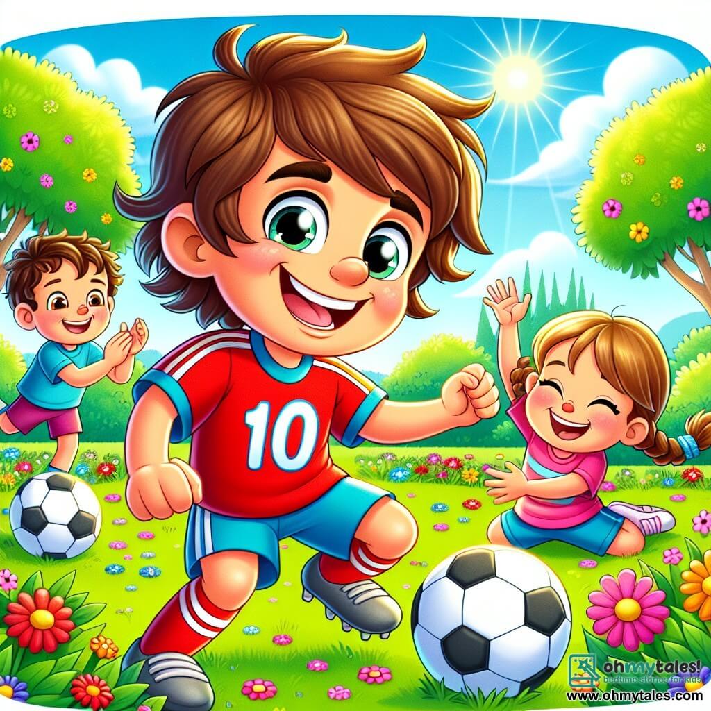 A smiling man, Mr. Kick, is at the center of the image, wearing a bright red jersey with the number 10, his messy brown hair and sparkling eyes full of joy. He is dribbling a soccer ball, his face radiating enthusiasm and determination. To his right, a boy named Tommy, about 8 years old with messy blonde hair and a blue t-shirt, laughs while trying to dribble the ball but has just tripped and fallen into the grass surrounded by colorful flowers. To the left, a little girl named Sally, 7 years old with braided brown hair and a pink dress, joyfully applauds while holding a soccer ball under her arm. The setting is a sunny park in Sunnyville, with large green trees, bright flowers, and a clear blue sky dotted with fluffy white clouds. The main scene shows Mr. Kick teaching the children how to dribble the ball, surrounded by laughter and joy, illustrating the spirit of teamwork and fun in soccer.