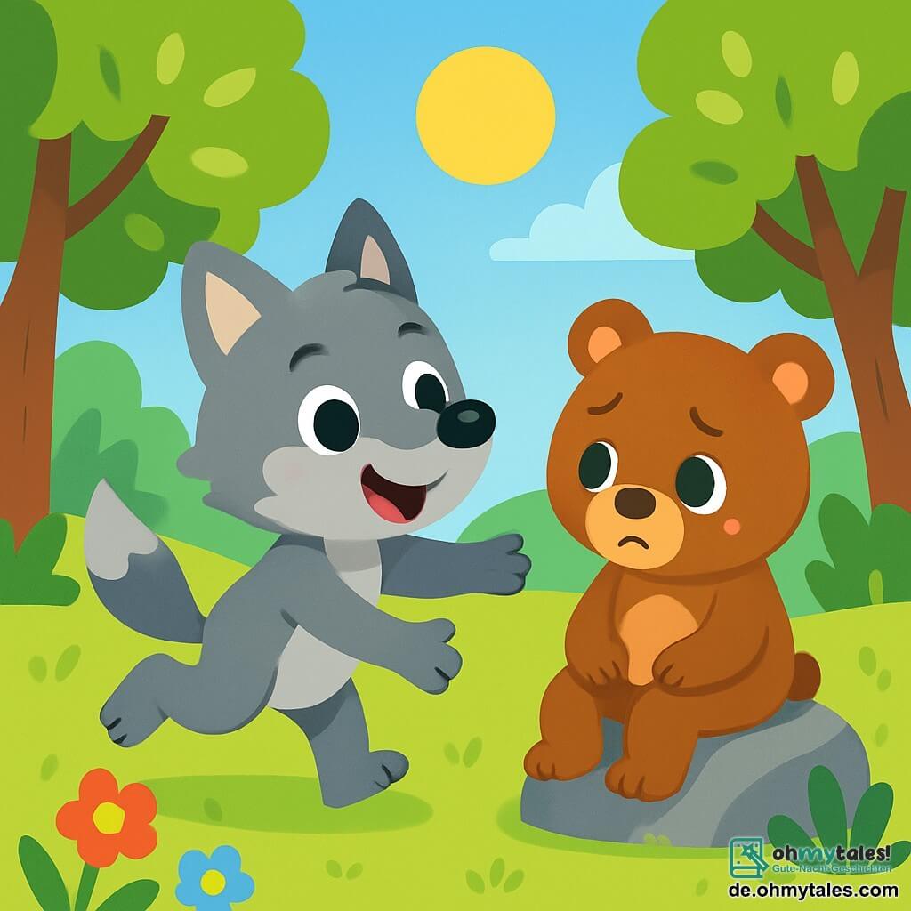 Ein kleiner Wolf mit funkelnden Augen und weichem grauem Fell, der freudig aussieht, springt in einer sonnigen Lichtung. Neben ihm sitzt ein kleiner brauner Bär mit einem warmen Lächeln, rundem Bauch und glänzenden Augen auf einem Stein und schaut besorgt zu seinem Freund. Die Lichtung ist von grünen Bäumen mit glänzenden Blättern umgeben, und bunte Blumen wachsen um sie herum. Der kleine Wolf versucht, seinen Freund zu trösten, indem er ihm eine freundliche Pfote reicht, während der kleine Bär etwas traurig wirkt und in Gedanken versunken ist.